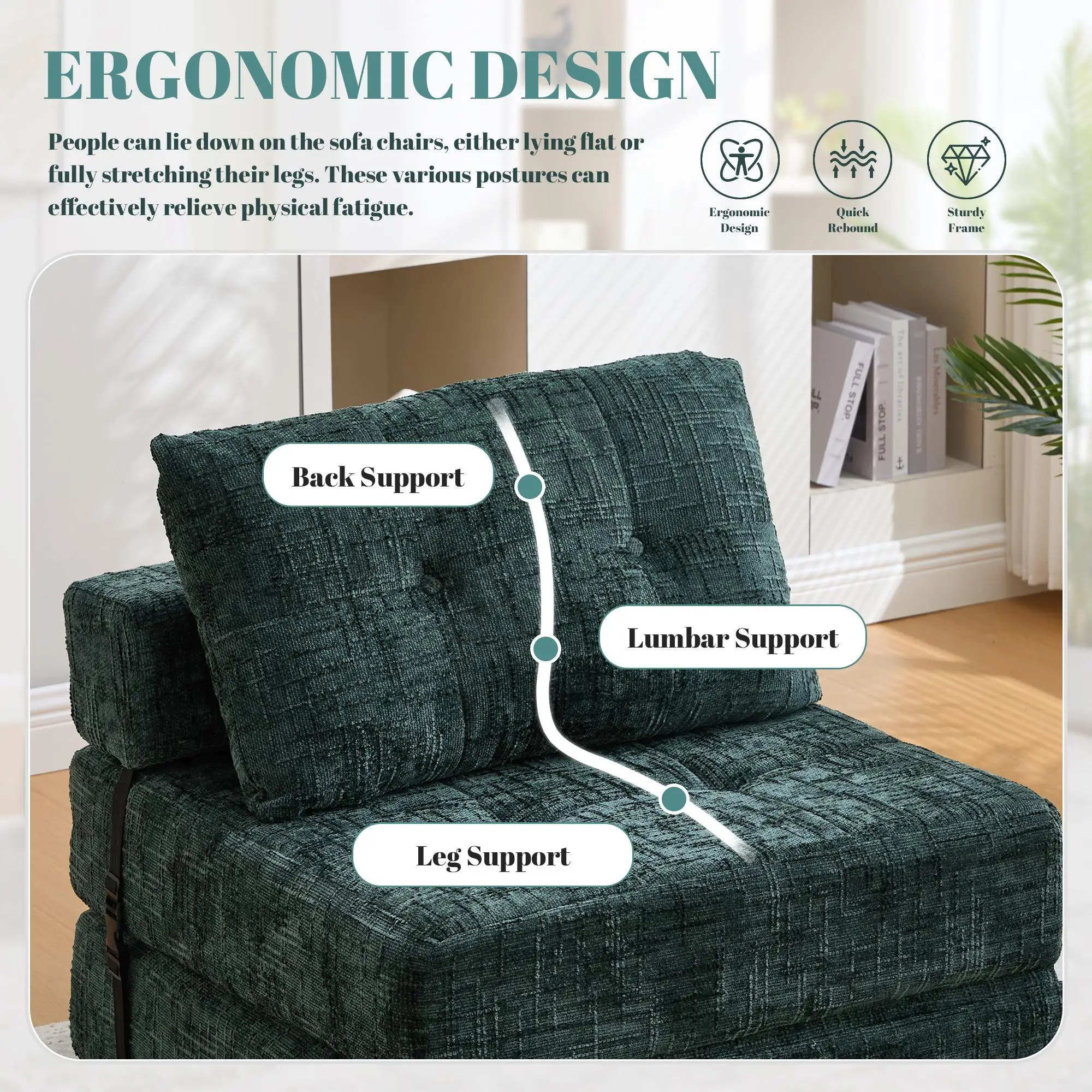 Chenille Sofa Bed 180 x 79 x 57cm - Emerald - 5