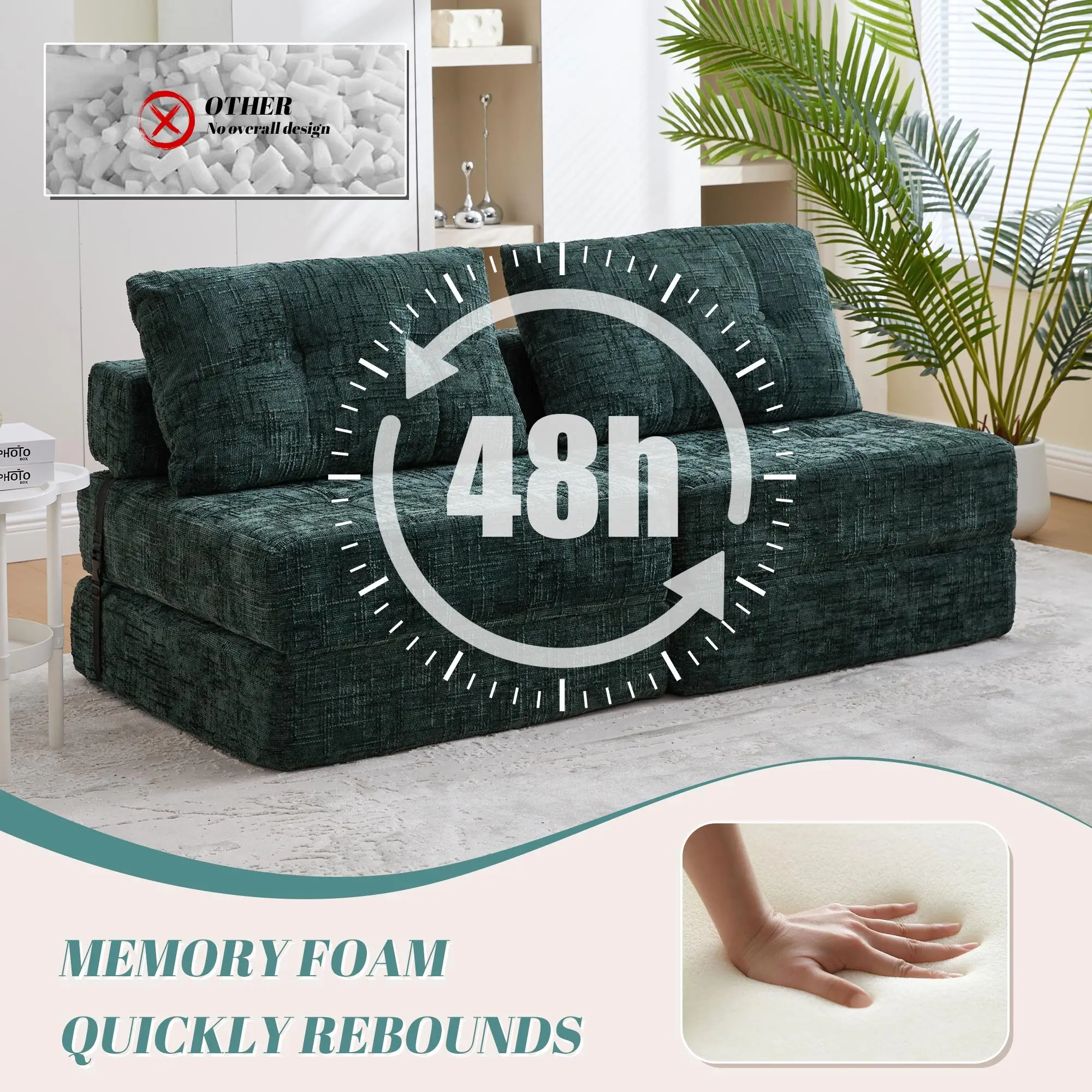 Chenille Sofa Bed 180 x 79 x 57cm - Emerald - 6