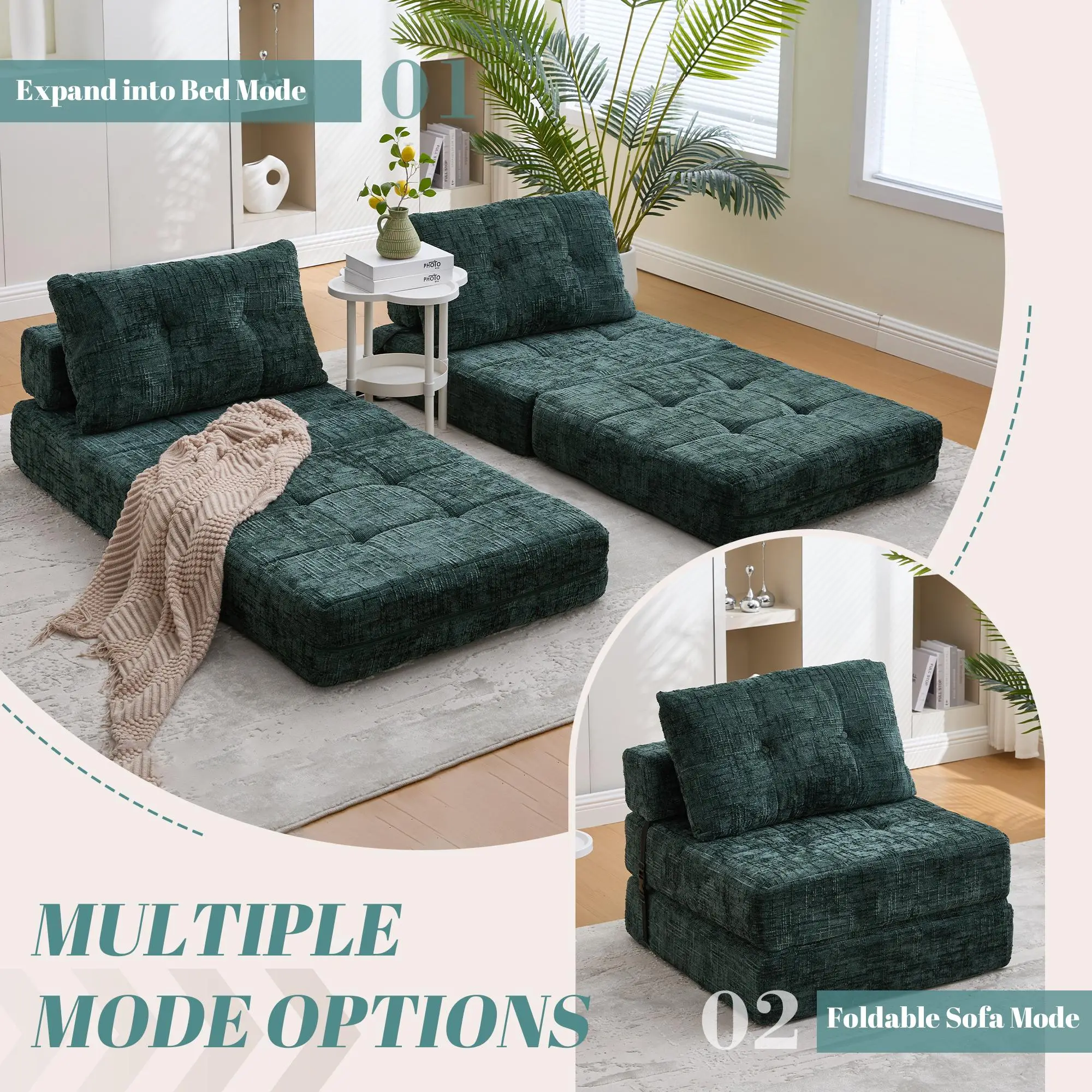 Chenille Sofa Bed 180 x 79 x 57cm - Emerald - 7