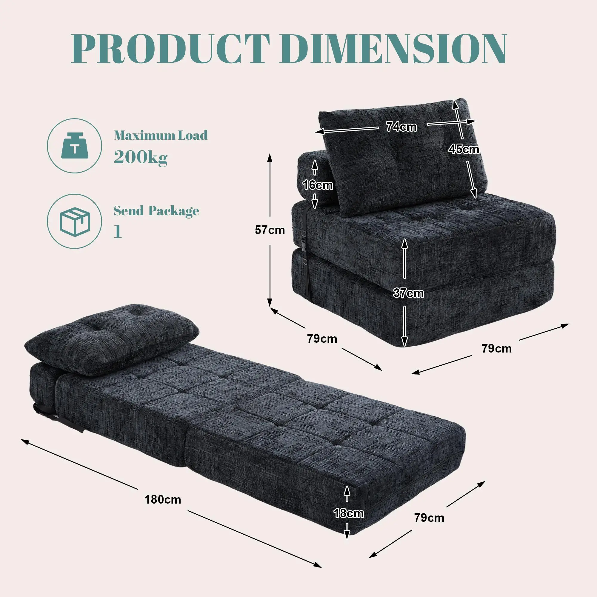 Chenille Sofa Bed 180 x 79 x 57cm - Black - 3