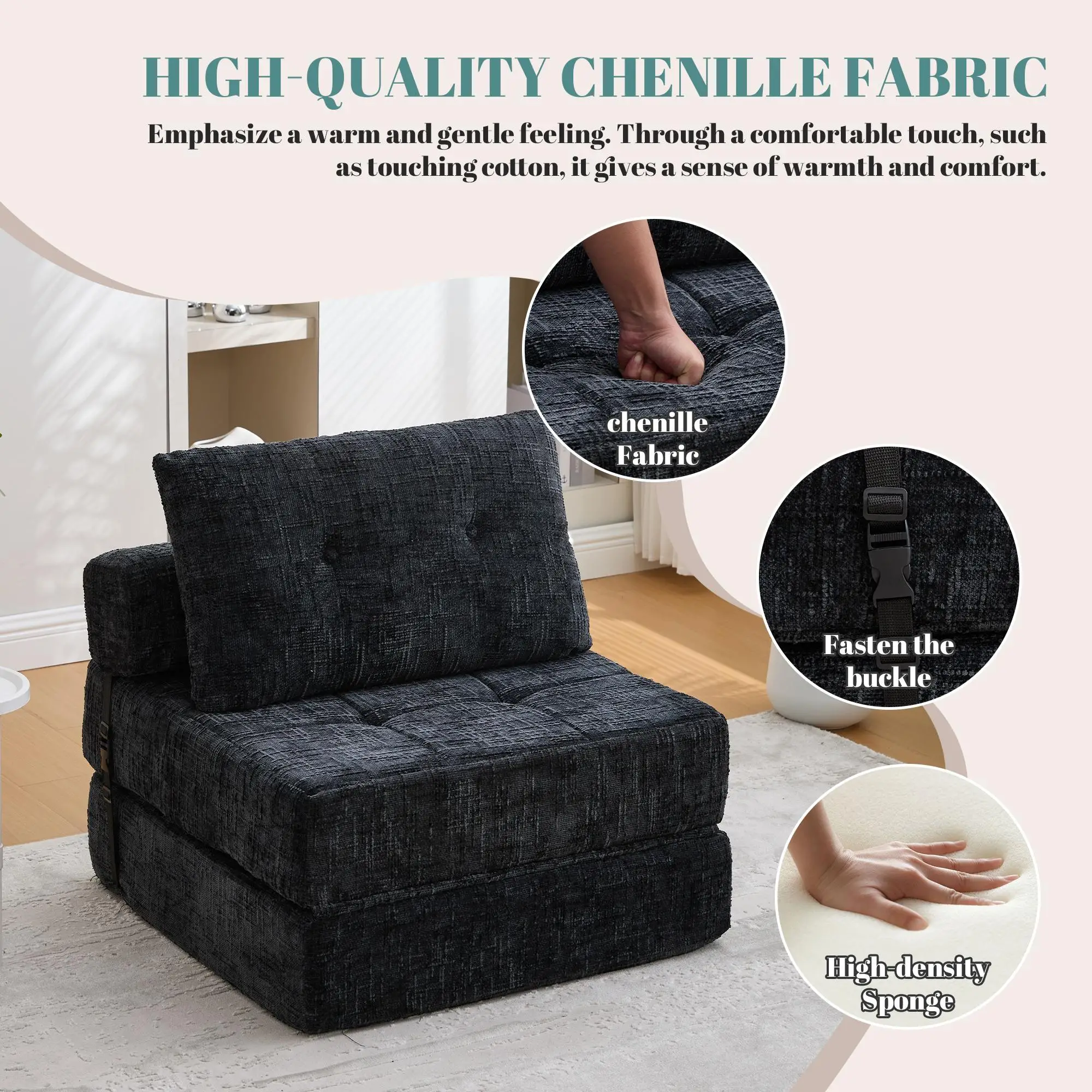 Chenille Sofa Bed 180 x 79 x 57cm - Black - 4