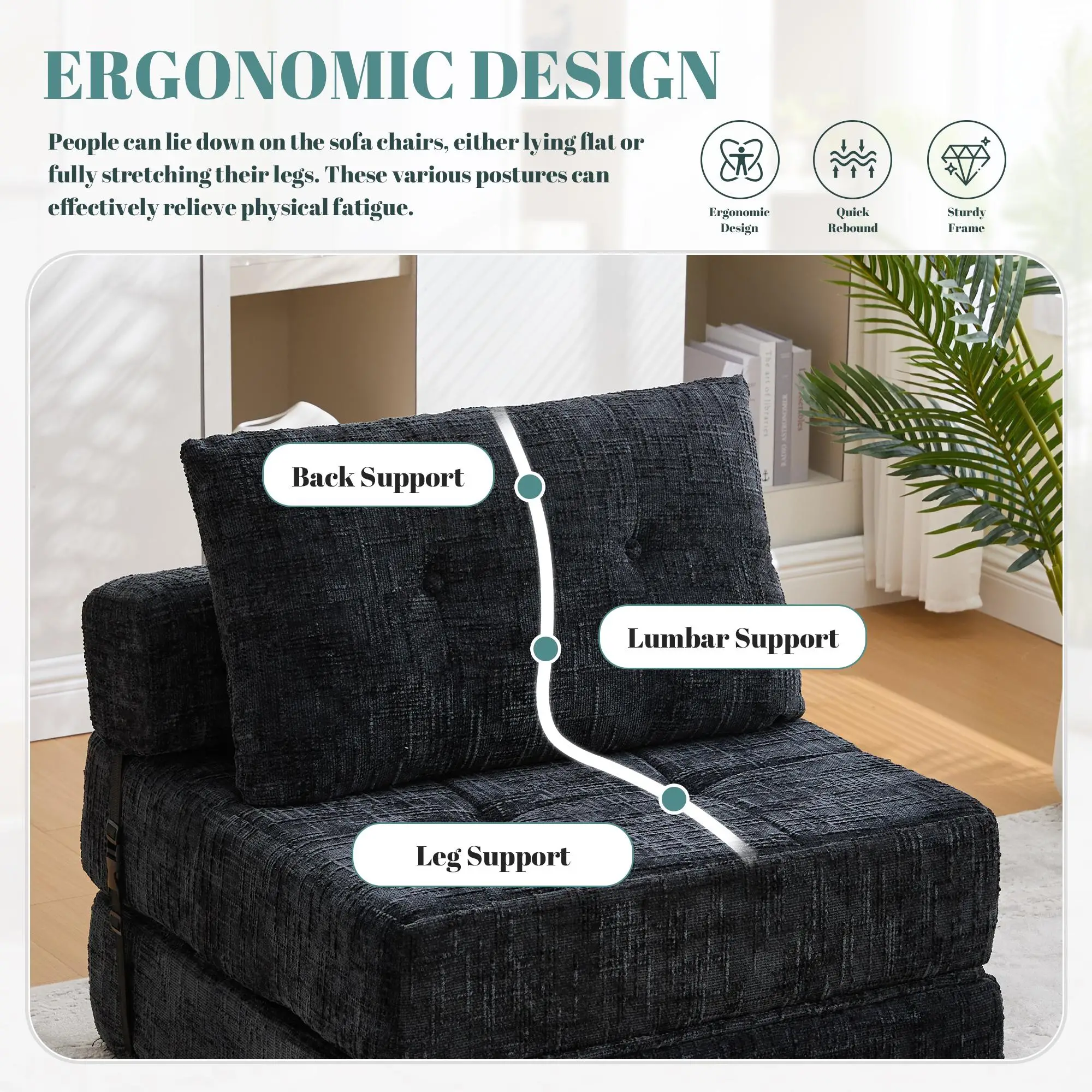 Chenille Sofa Bed 180 x 79 x 57cm - Black - 5