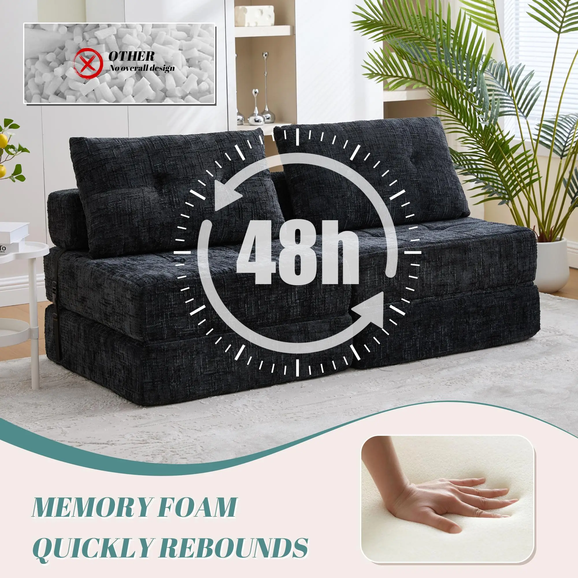 Chenille Sofa Bed 180 x 79 x 57cm - Black - 6