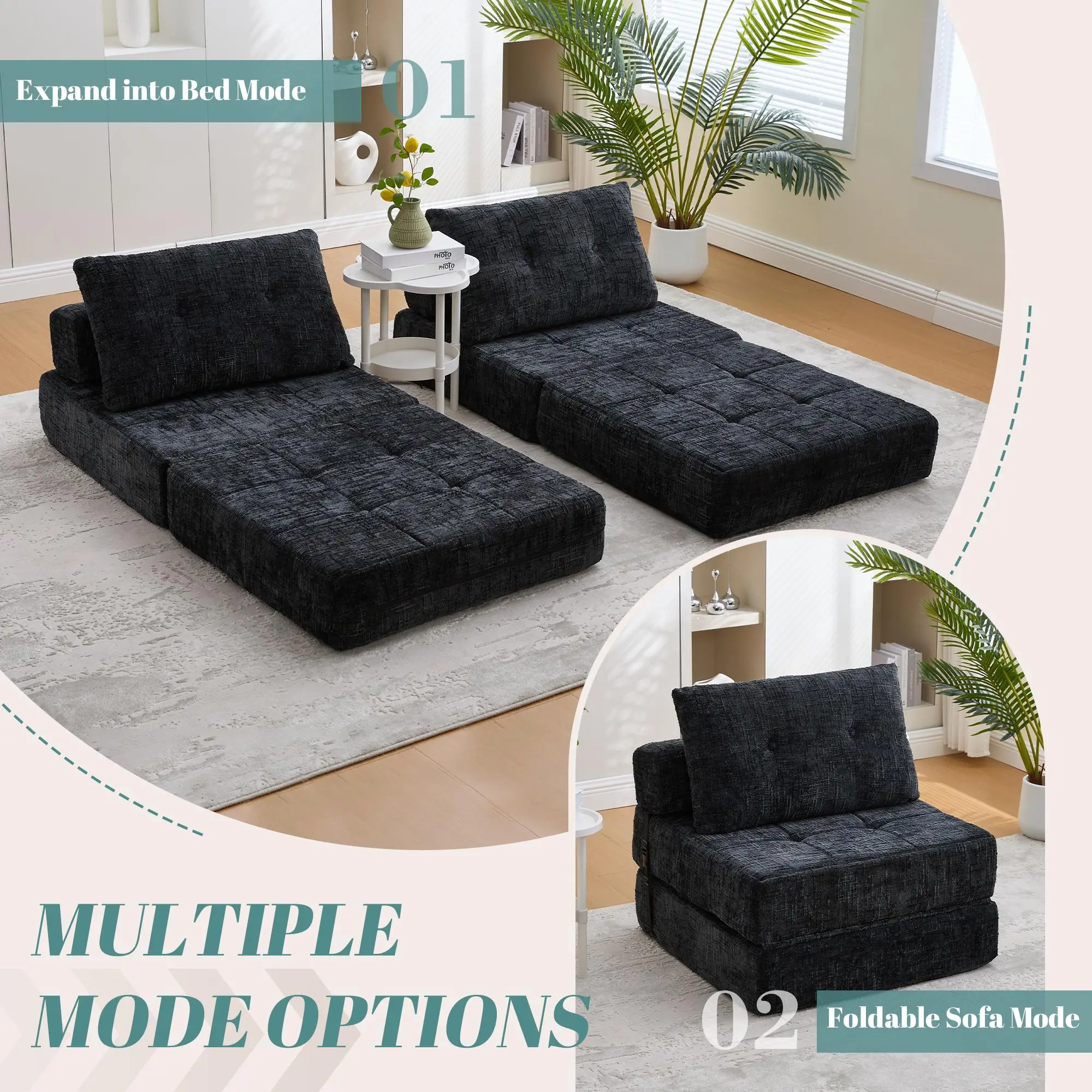 Chenille Sofa Bed 180 x 79 x 57cm - Black - 7