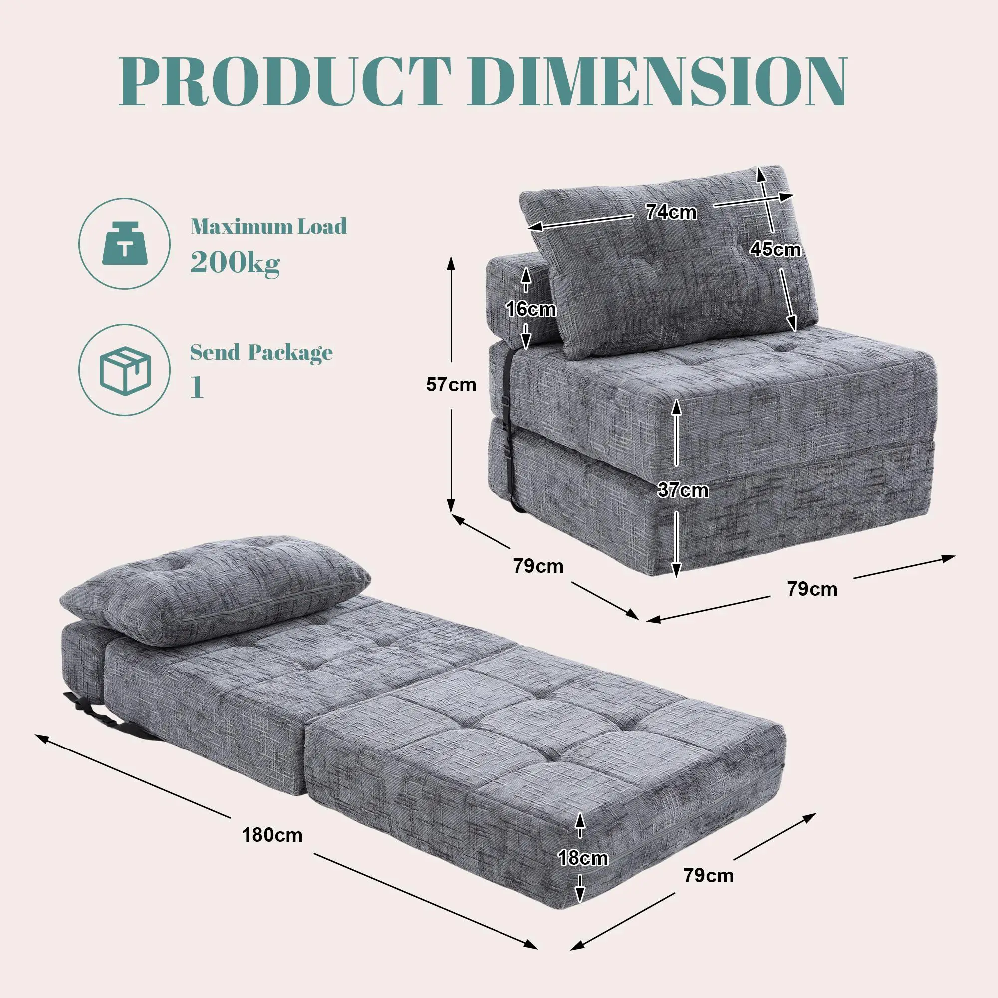 Chenille Sofa Bed 180 x 79 x 57cm - Grey - 3