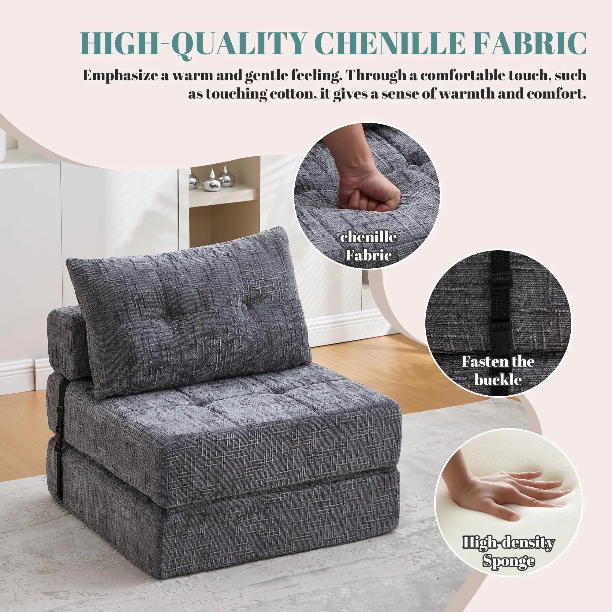 Chenille Sofa Bed 180 x 79 x 57cm - Grey - 4