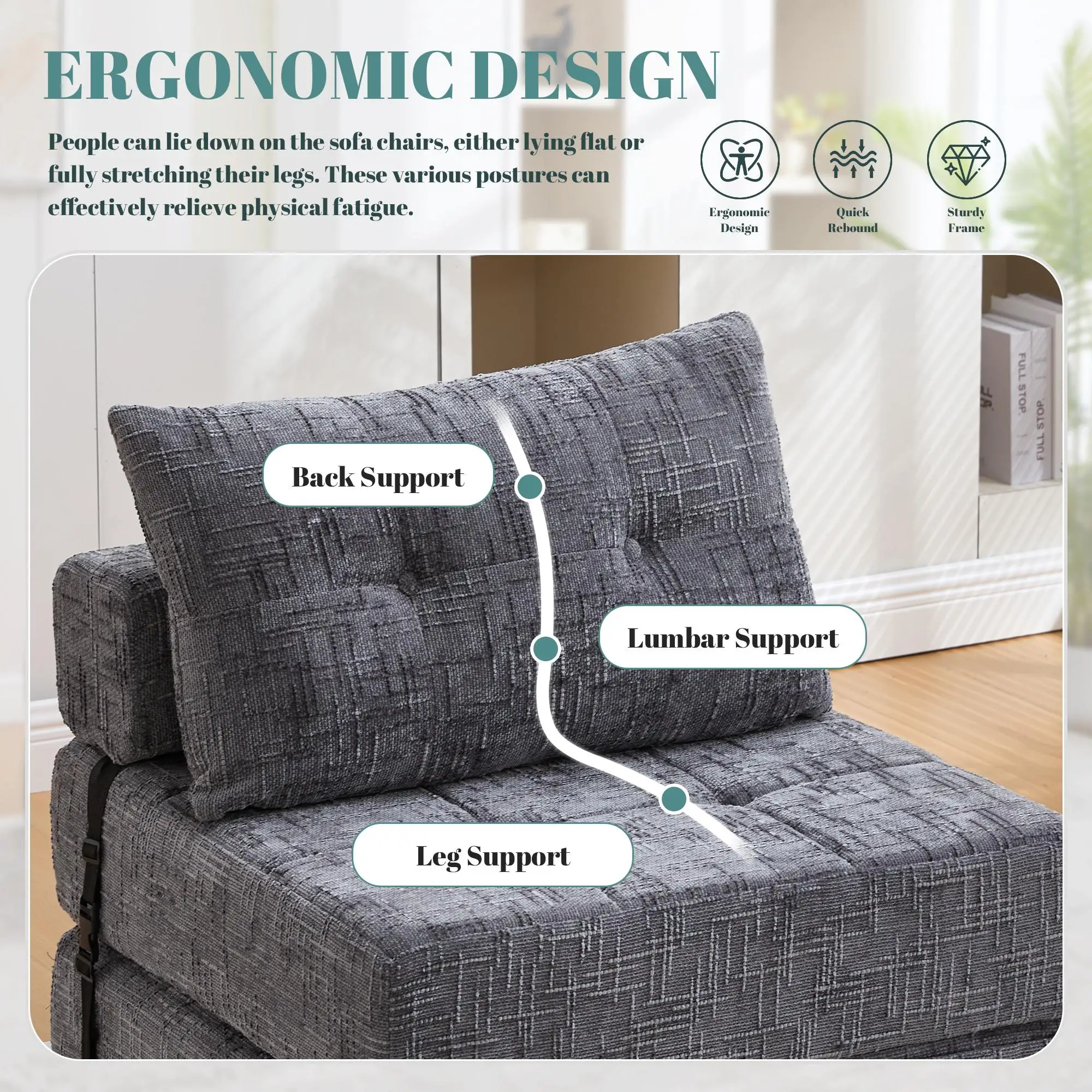 Chenille Sofa Bed 180 x 79 x 57cm - Grey - 5