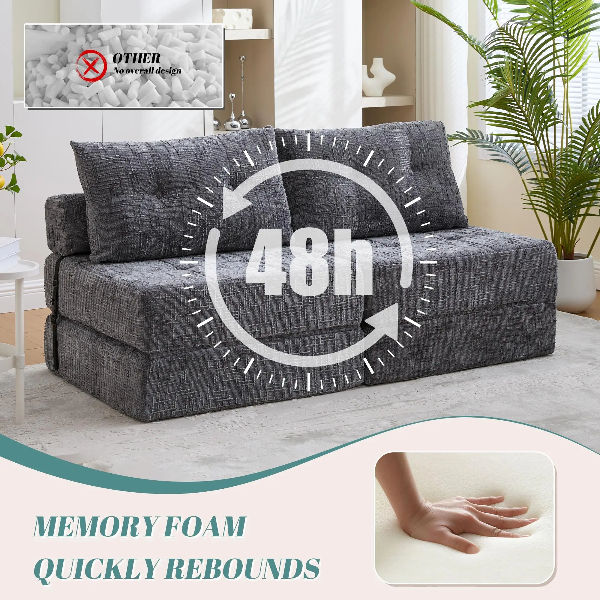 Chenille Sofa Bed 180 x 79 x 57cm - Grey - 6