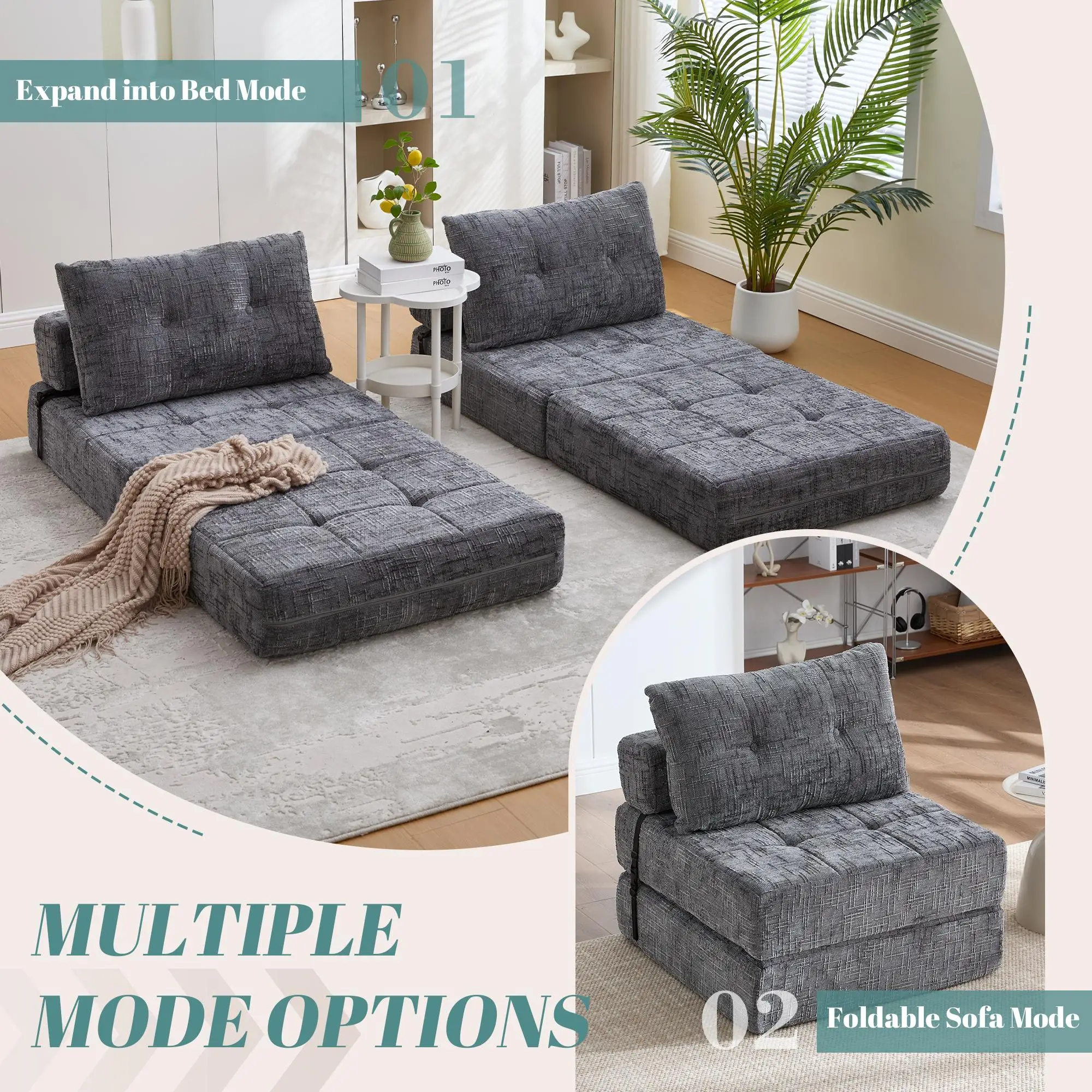 Chenille Sofa Bed 180 x 79 x 57cm - Grey - 7