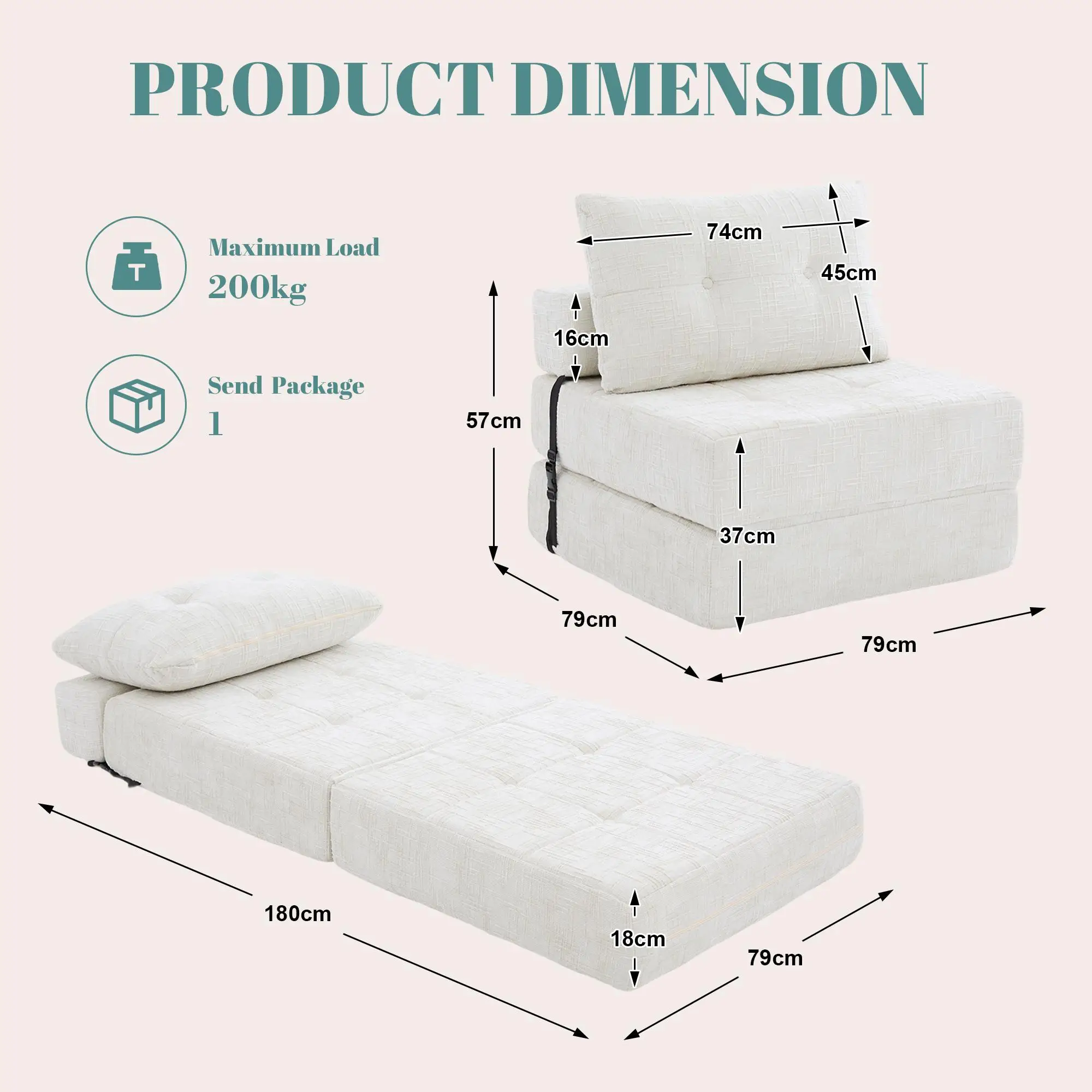 Chenille Sofa Bed 180 x 79 x 57cm - Beige - 3