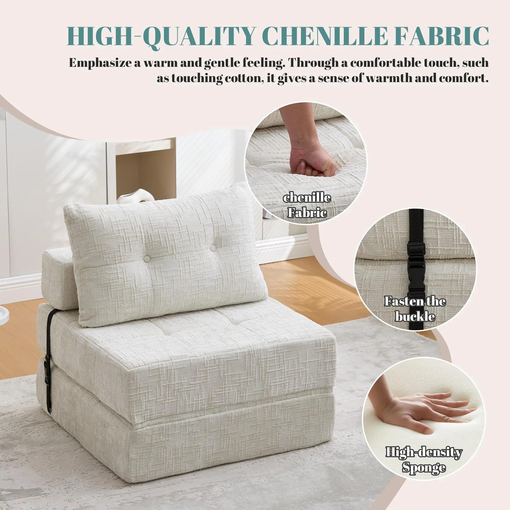 Chenille Sofa Bed 180 x 79 x 57cm - Beige - 4