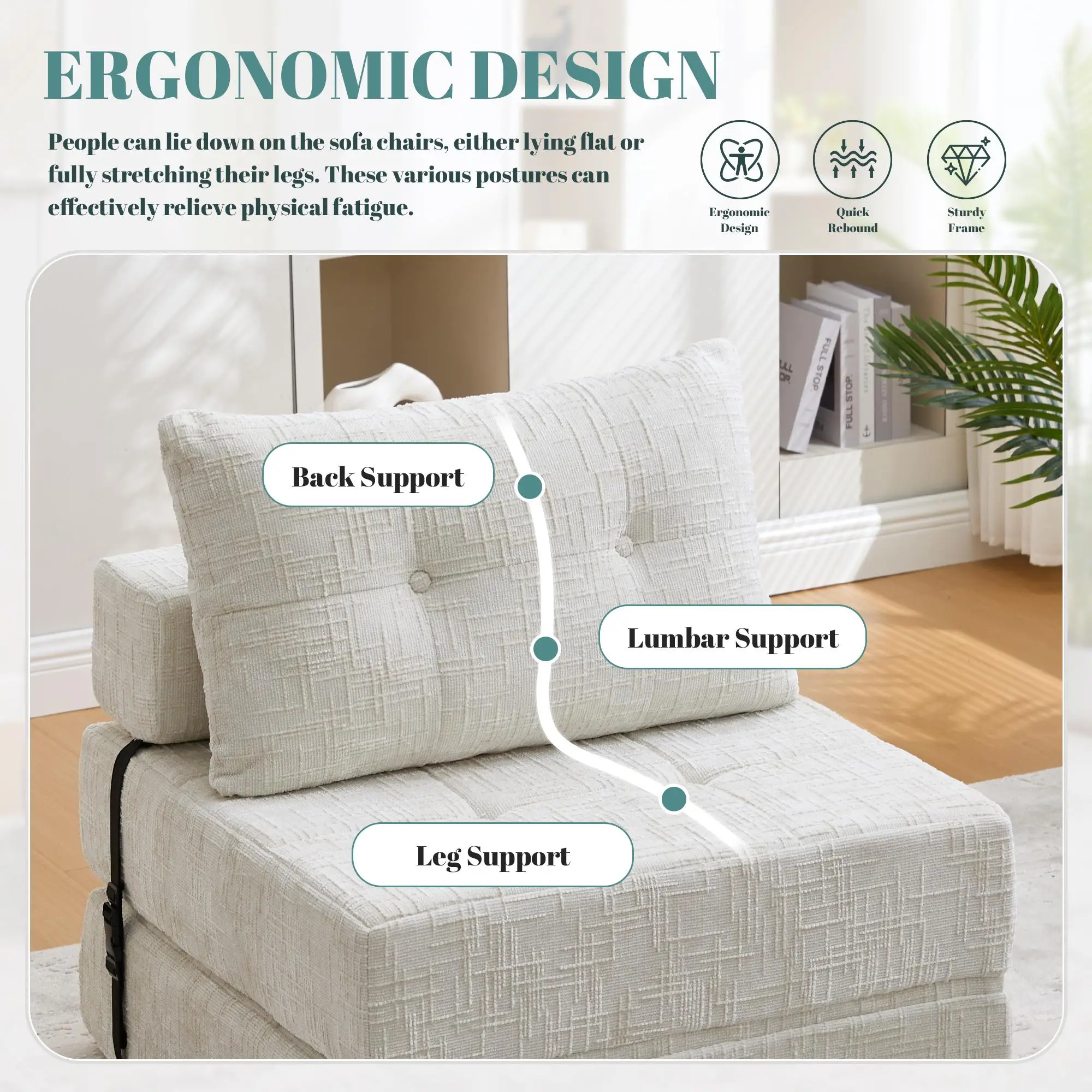 Chenille Sofa Bed 180 x 79 x 57cm - Beige - 5