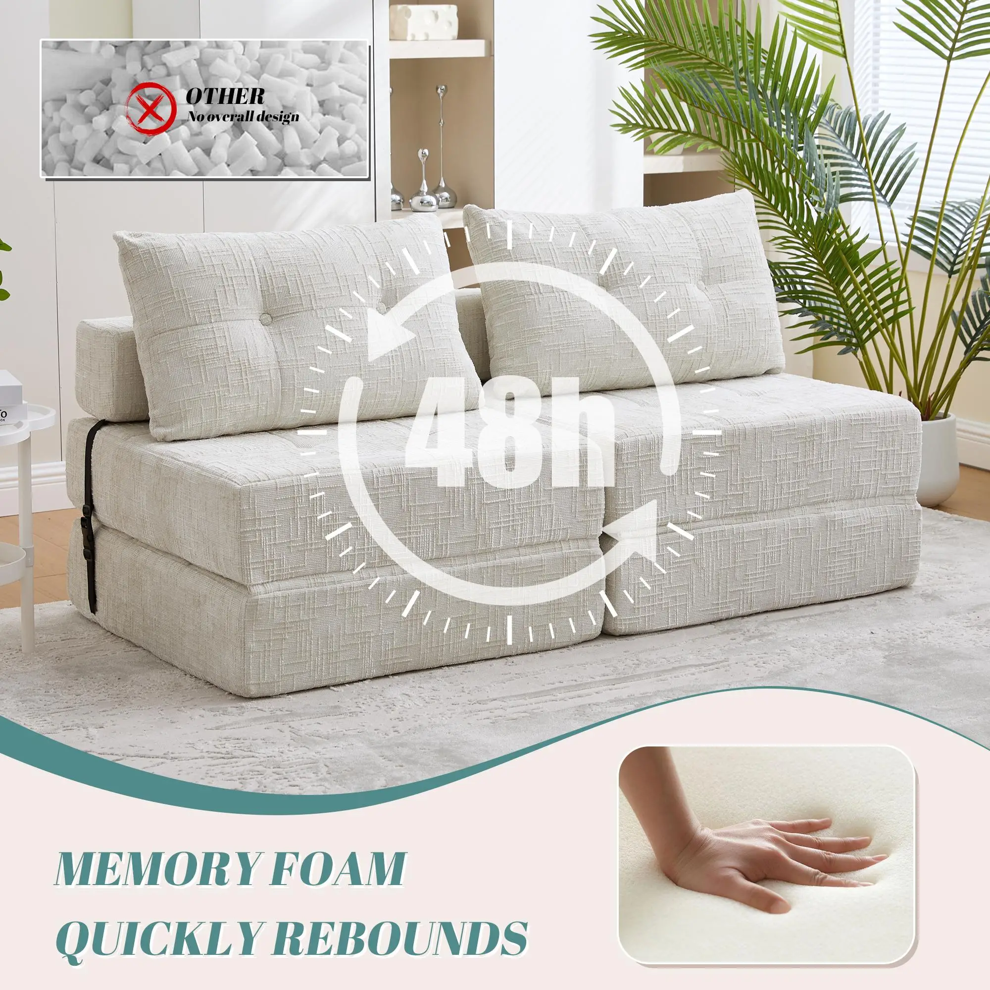 Chenille Sofa Bed 180 x 79 x 57cm - Beige - 6