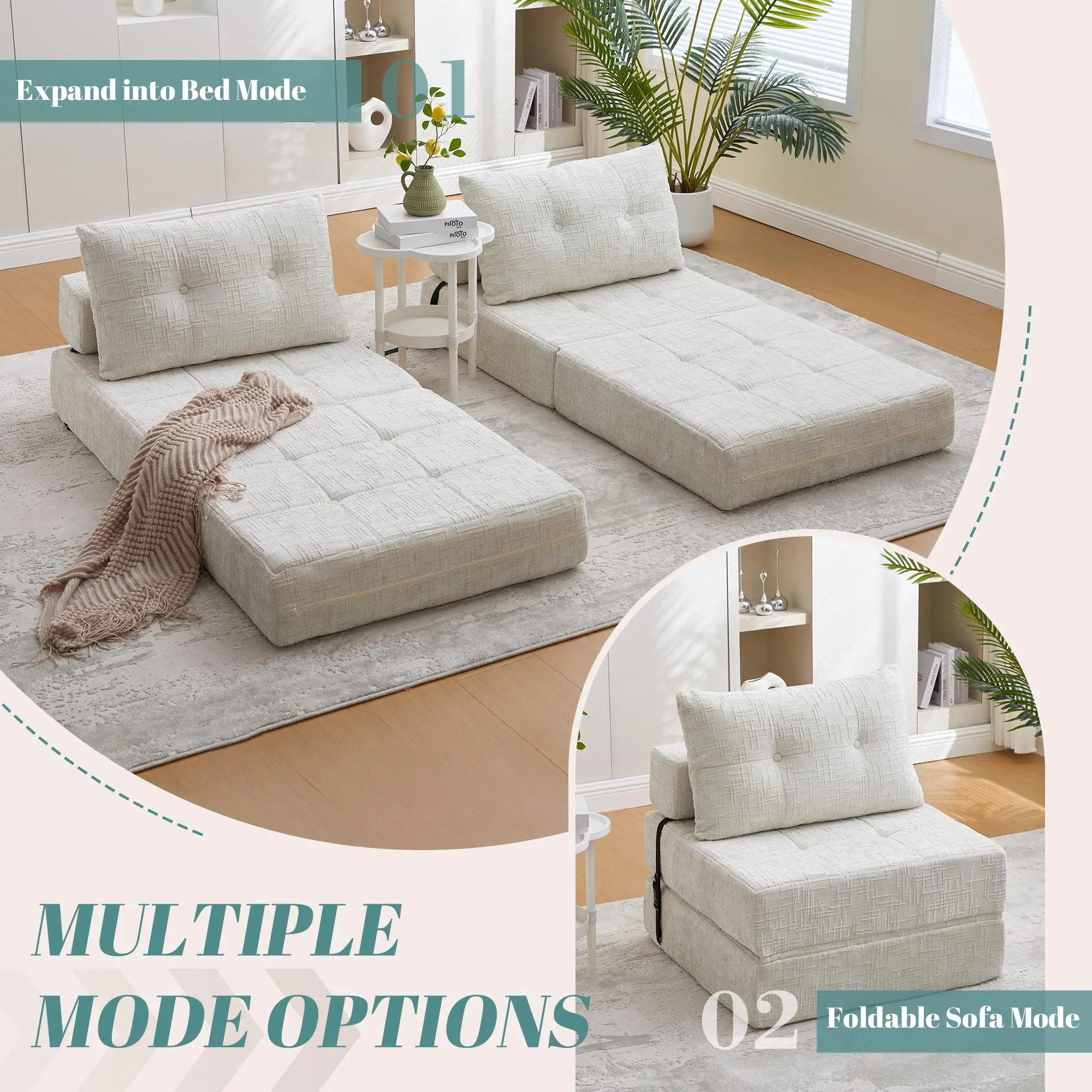 Chenille Sofa Bed 180 x 79 x 57cm - Beige - 7