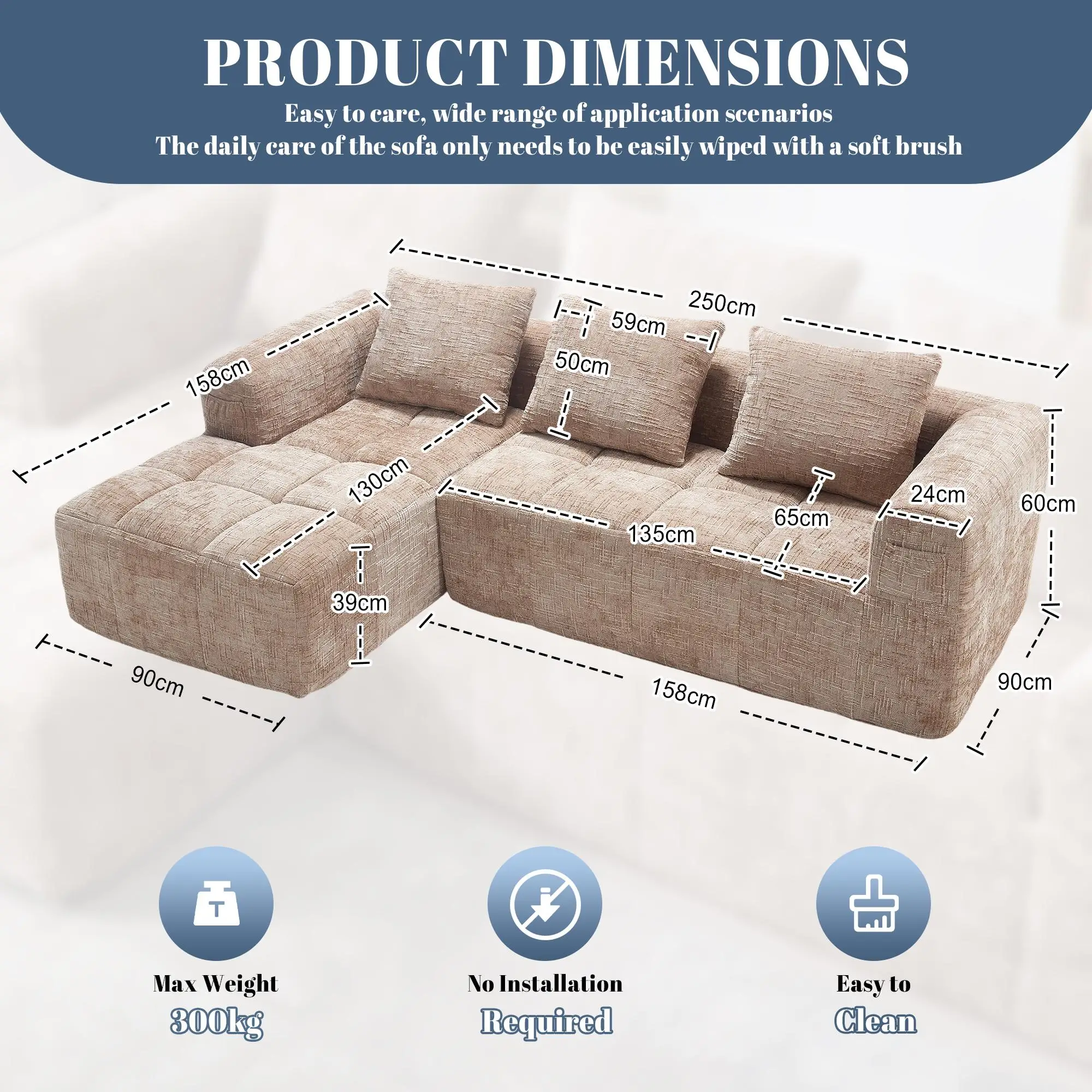 Corner Chenille Sofa Bed 250 x 158 x 60cm - Khaki - 3