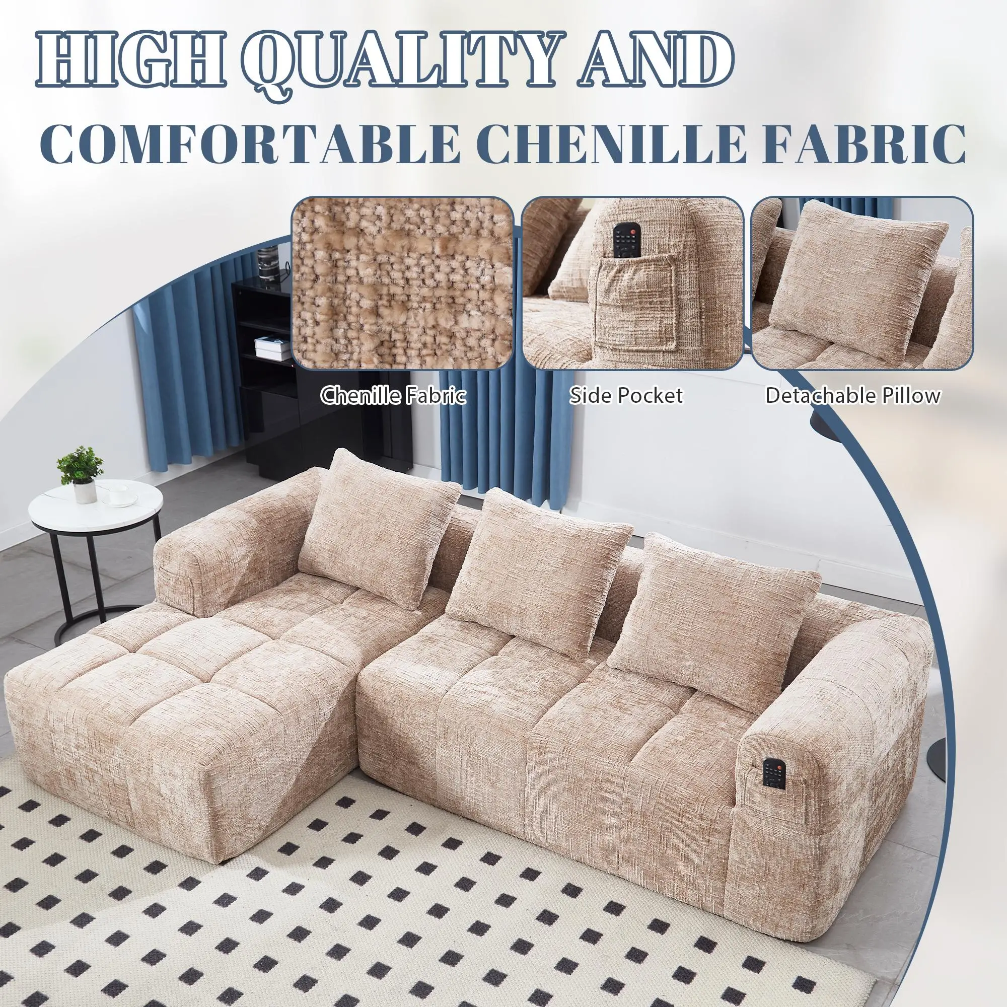 Corner Chenille Sofa Bed 250 x 158 x 60cm - Khaki - 5
