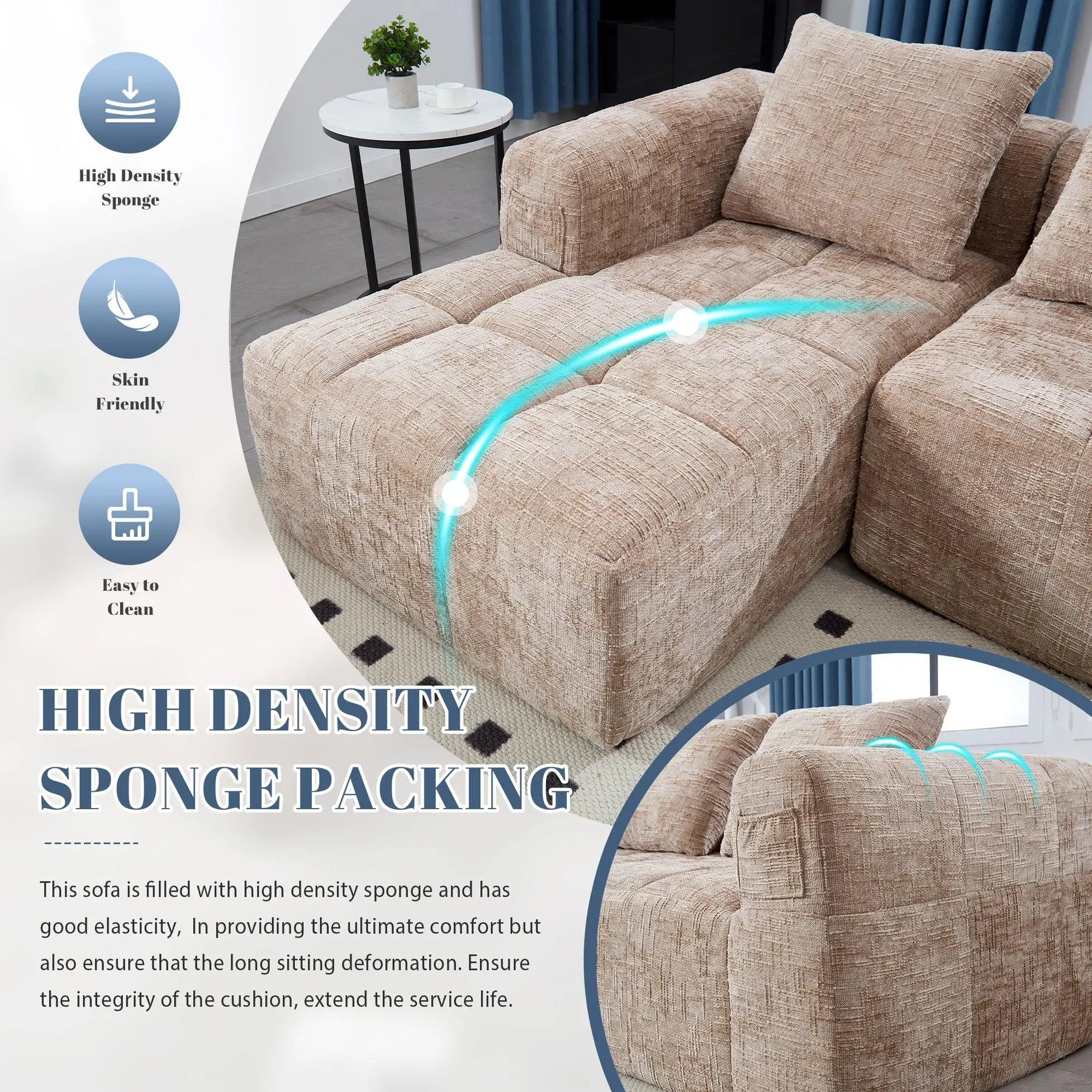 Corner Chenille Sofa Bed 250 x 158 x 60cm - Khaki - 6