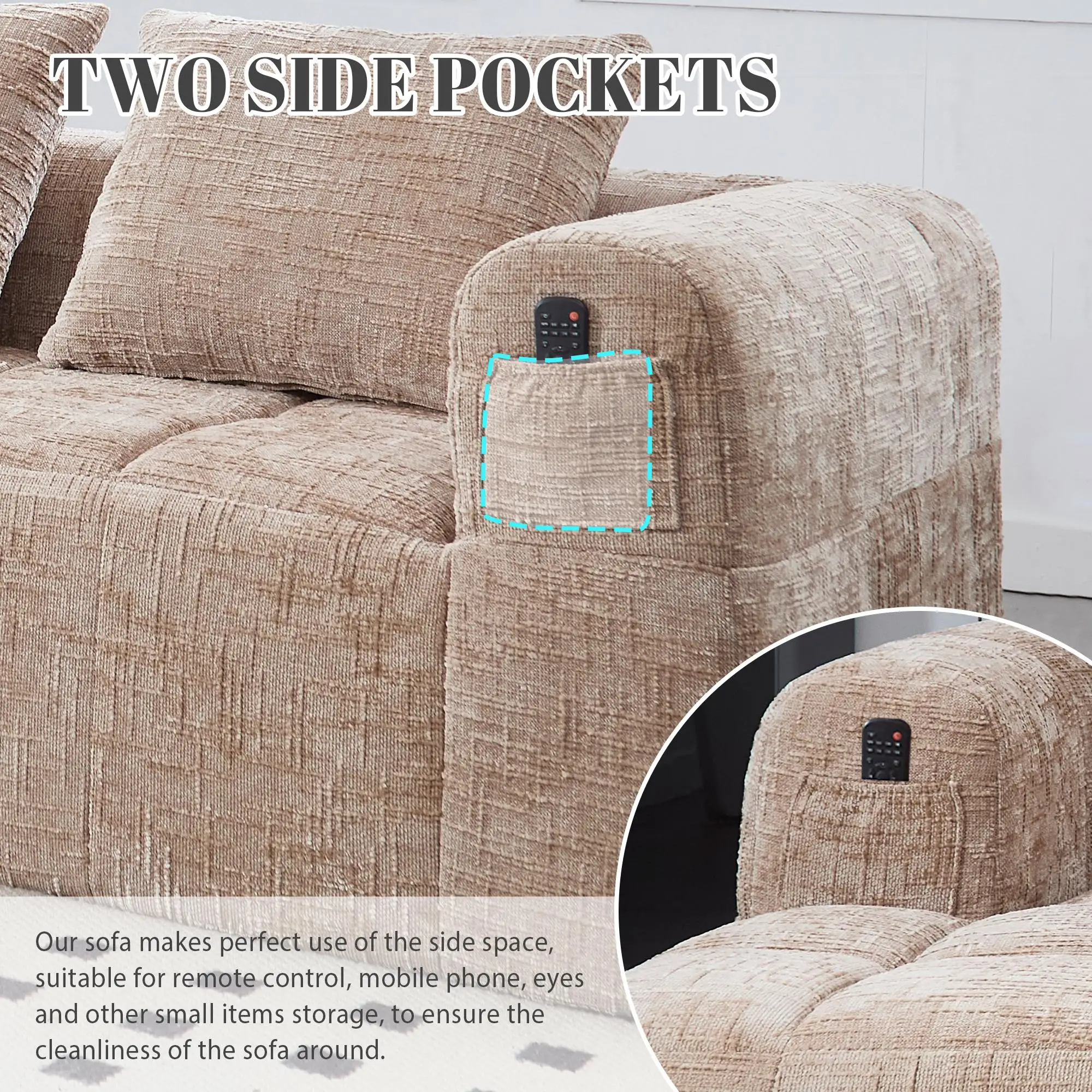 Corner Chenille Sofa Bed 250 x 158 x 60cm - Khaki - 7