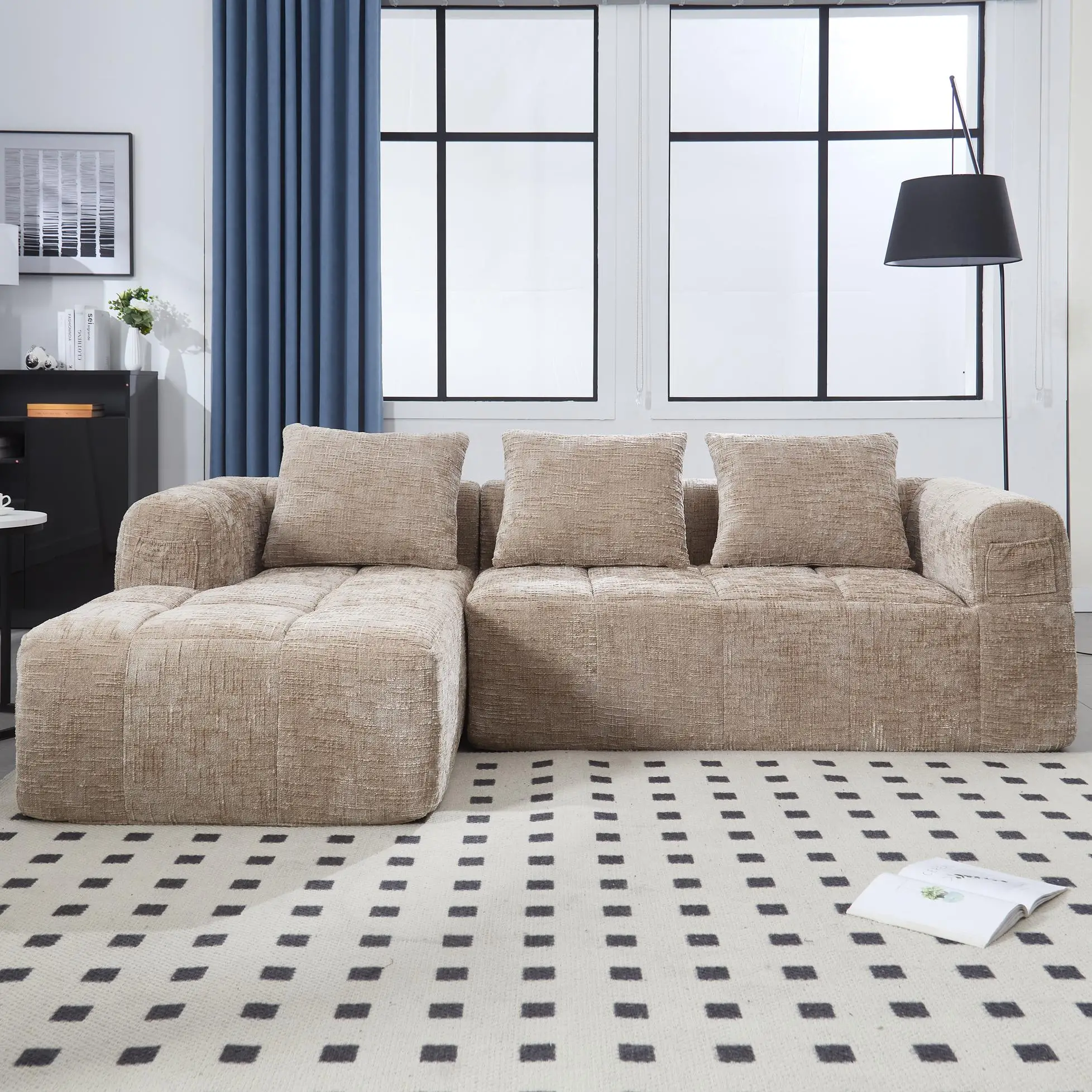 Corner Chenille Sofa Bed 250 x 158 x 60cm - Khaki - 8