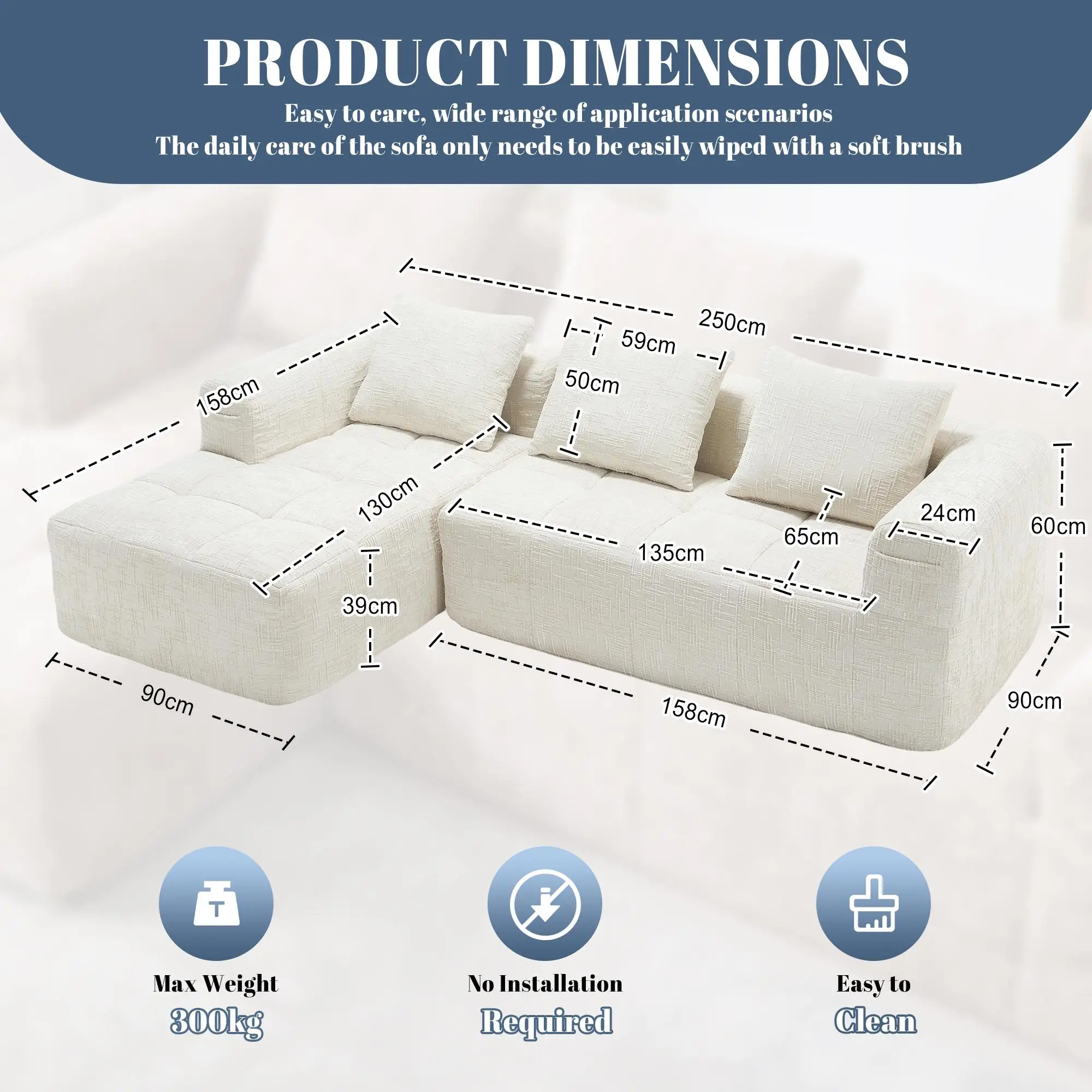 Corner Chenille Sofa Bed 250 x 158 x 60cm - Beige - 3