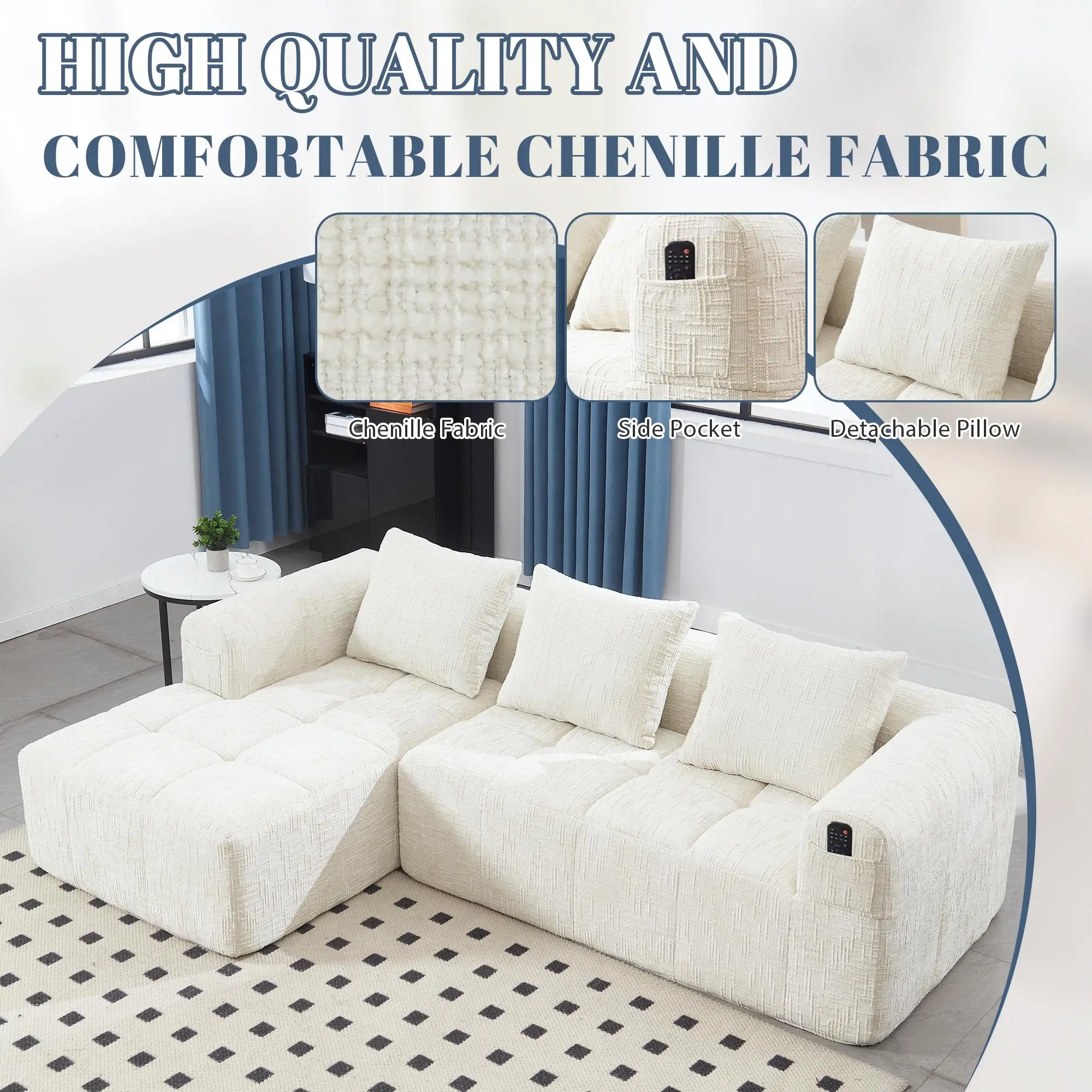 Corner Chenille Sofa Bed 250 x 158 x 60cm - Beige - 4