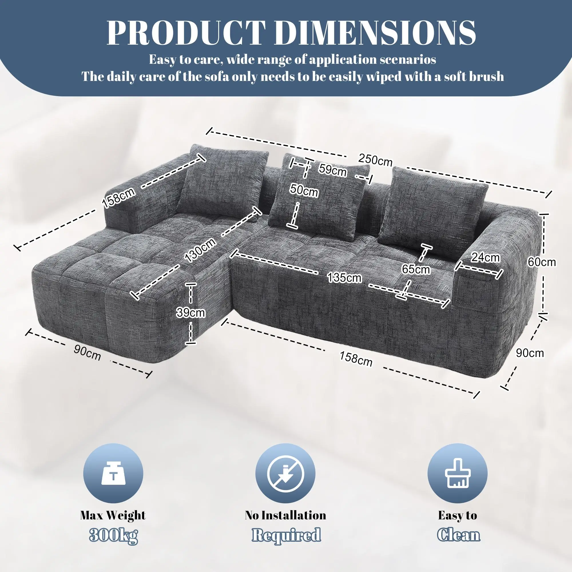 Corner Chenille Sofa Bed 250 x 158 x 60cm - Grey - 3