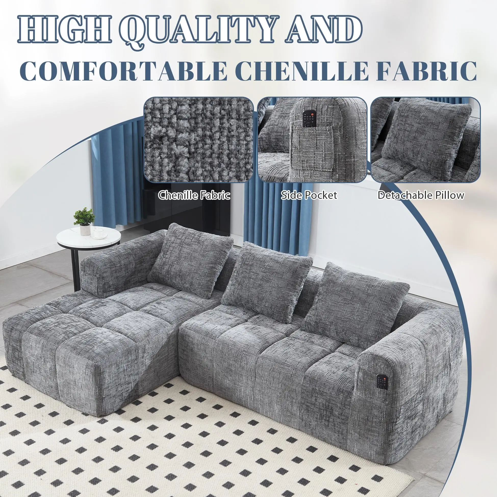 Corner Chenille Sofa Bed 250 x 158 x 60cm - Grey - 5
