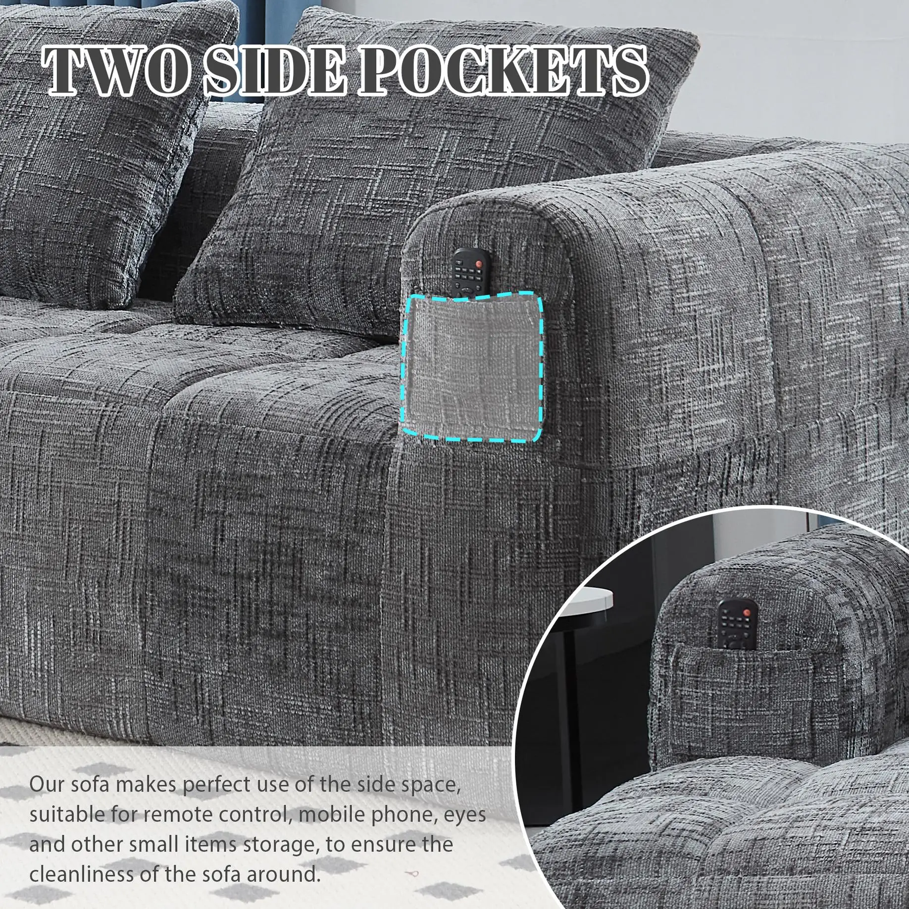 Corner Chenille Sofa Bed 250 x 158 x 60cm - Grey - 7