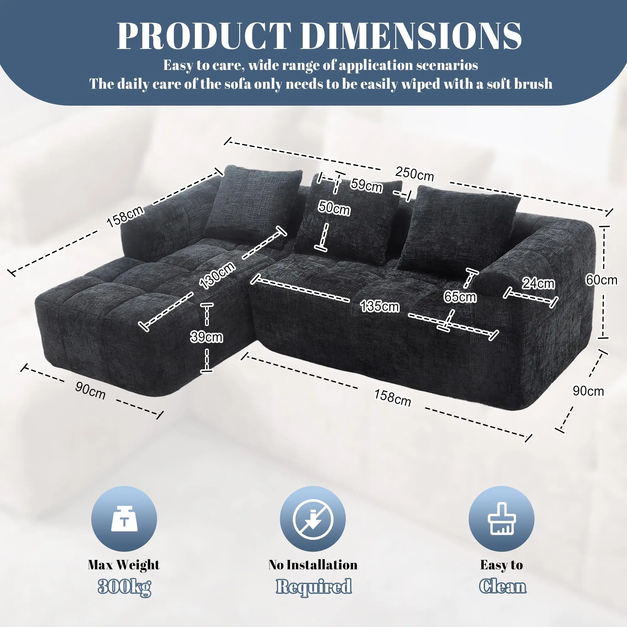 Corner Chenille Sofa Bed 250 x 158 x 60cm - Black - 3