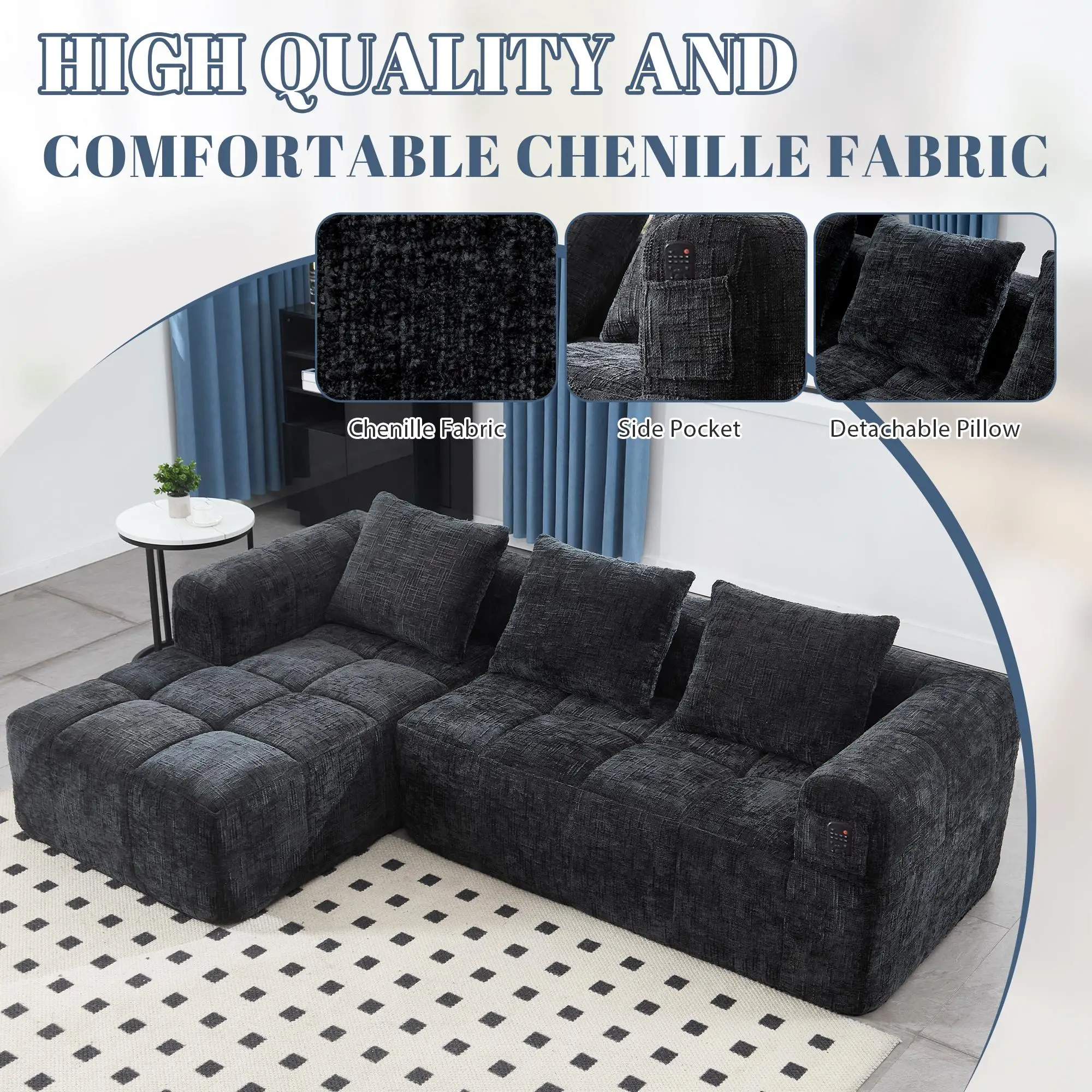 Corner Chenille Sofa Bed 250 x 158 x 60cm - Black - 5
