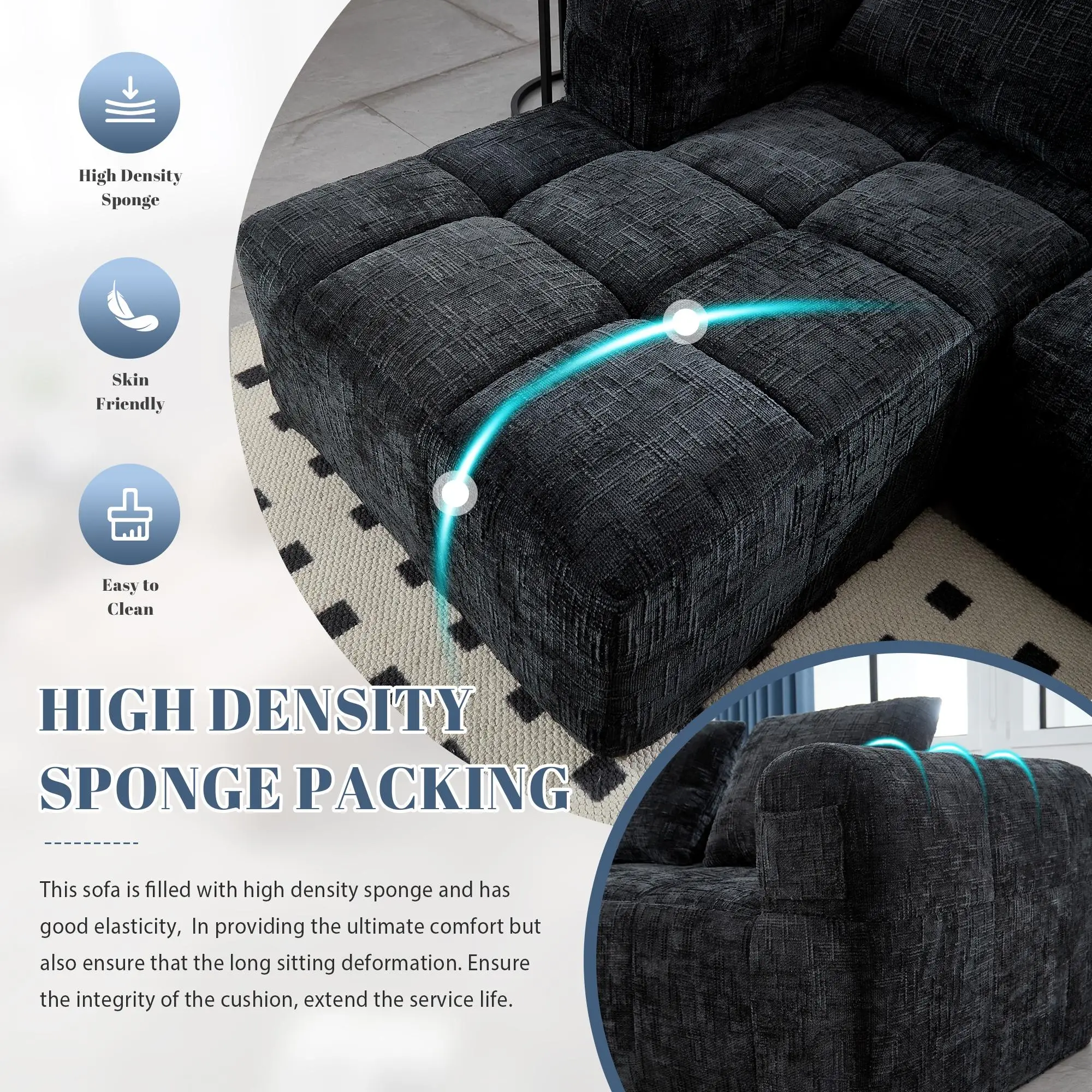 Corner Chenille Sofa Bed 250 x 158 x 60cm - Black - 6