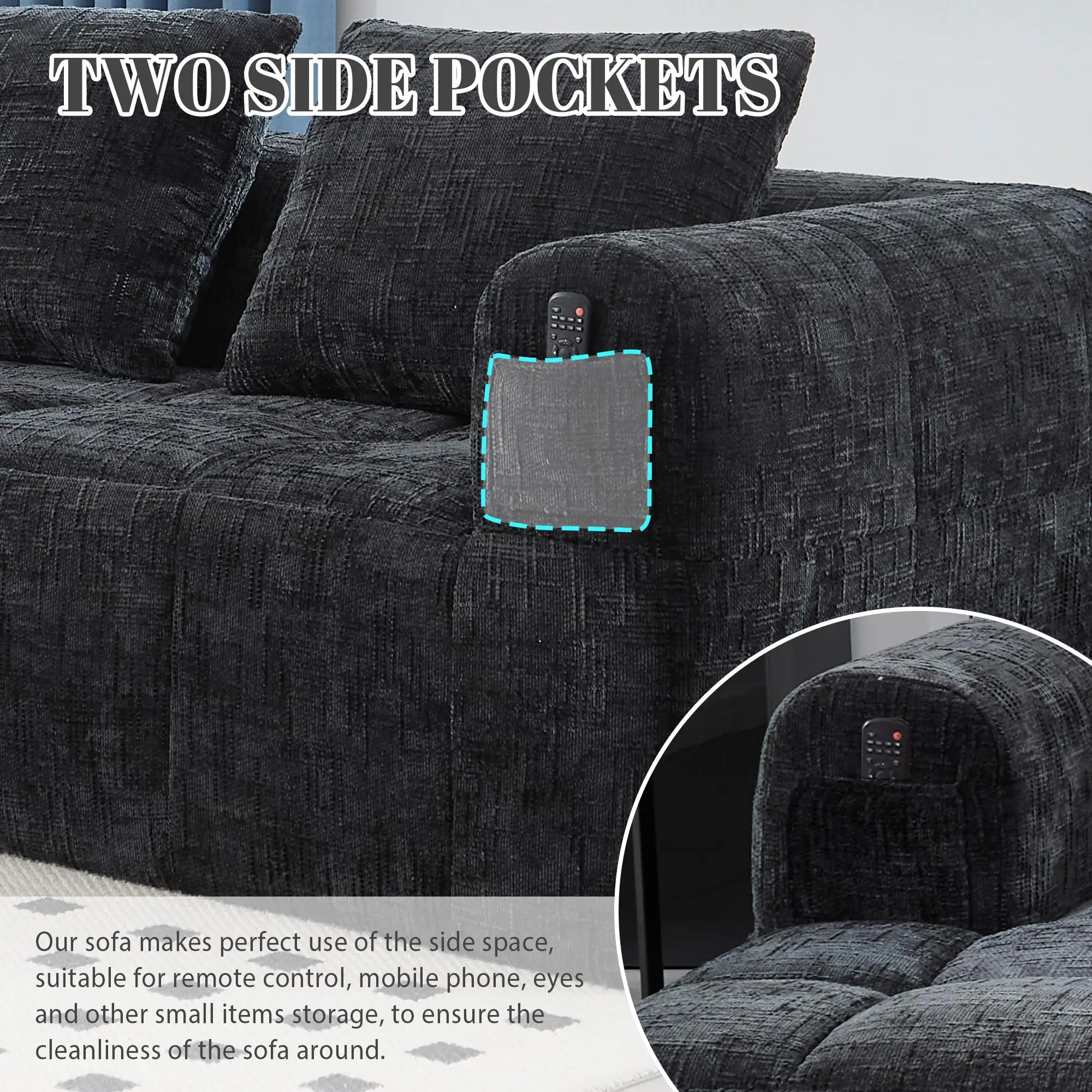 Corner Chenille Sofa Bed 250 x 158 x 60cm - Black - 7