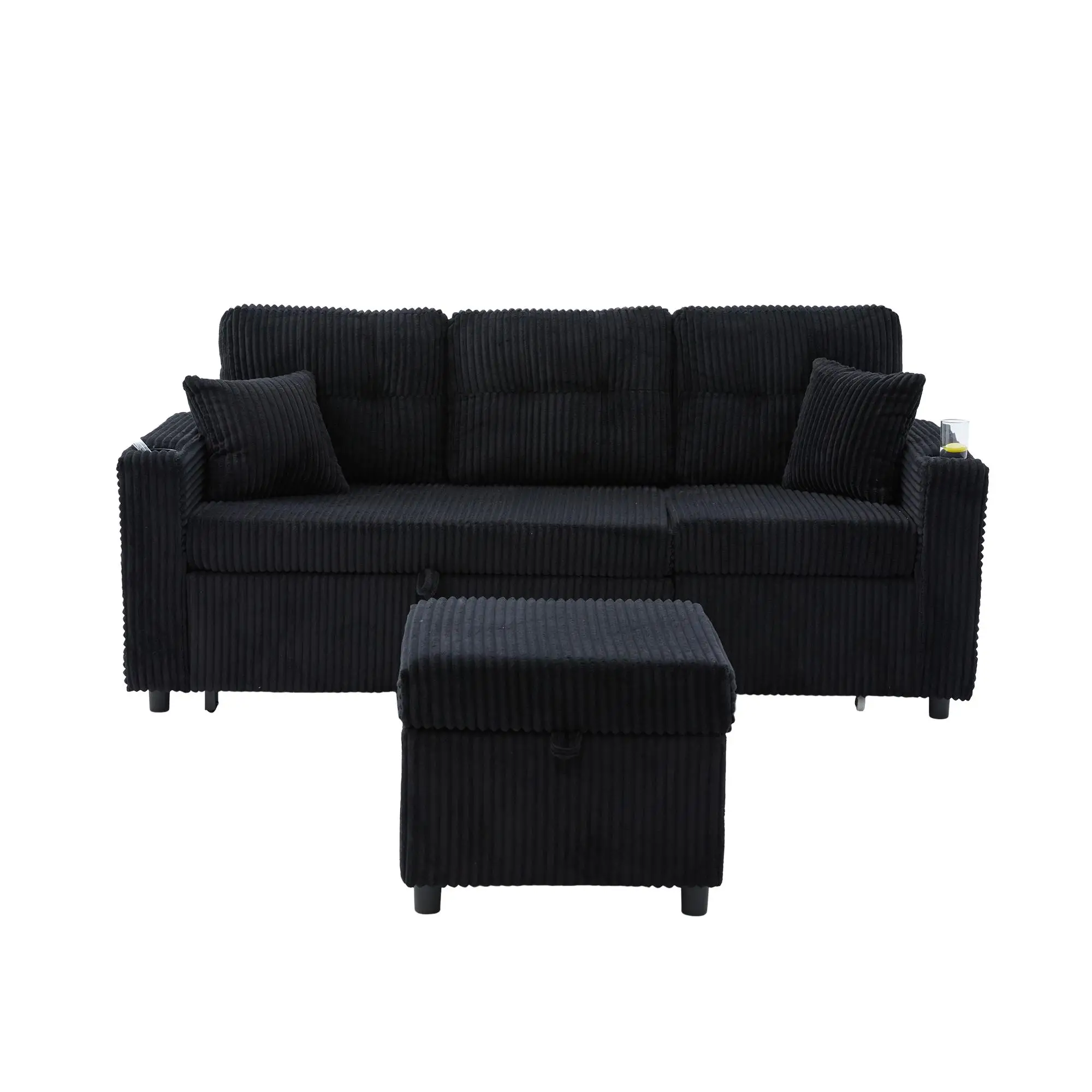 Corduroy Sofa Bed 196 x 82 x 144cm - Black - 2