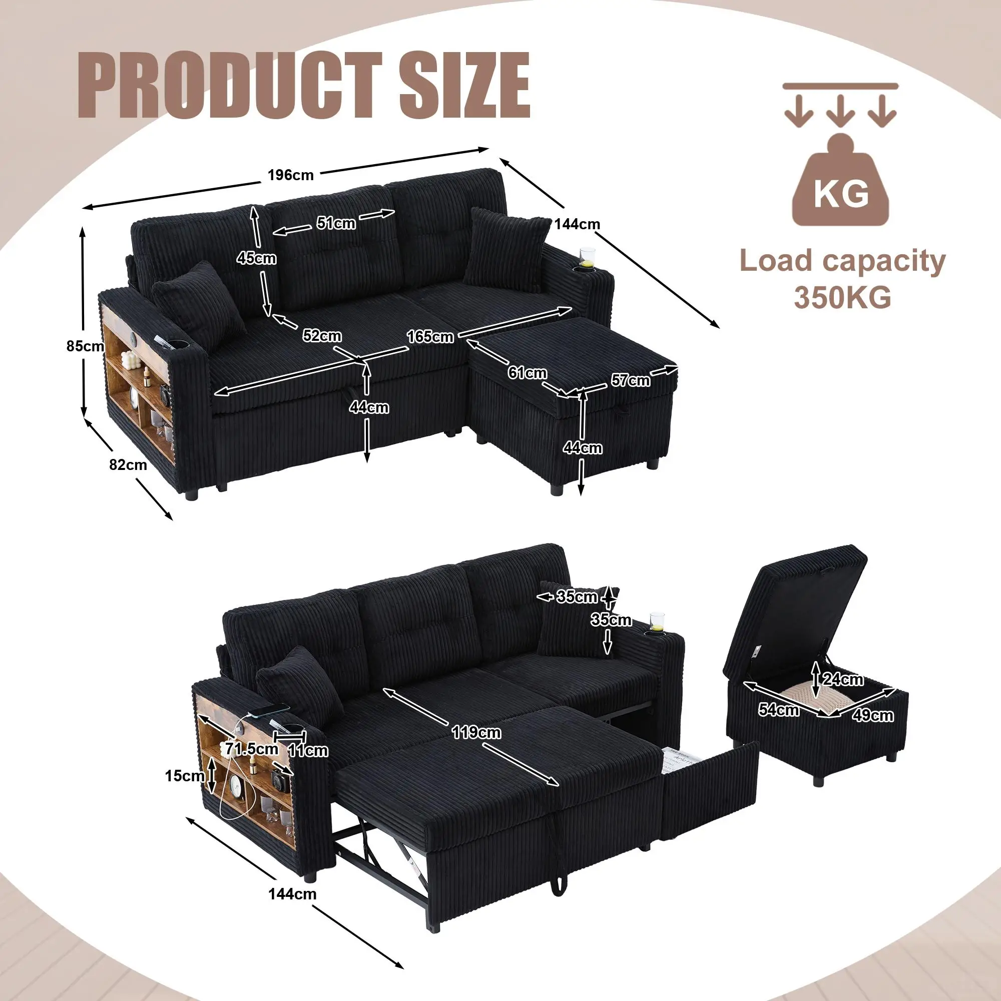 Corduroy Sofa Bed 196 x 82 x 144cm - Black - 3