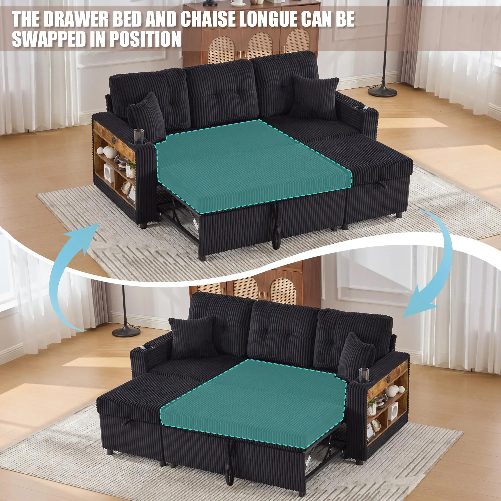 Corduroy Sofa Bed 196 x 82 x 144cm - Black - 4
