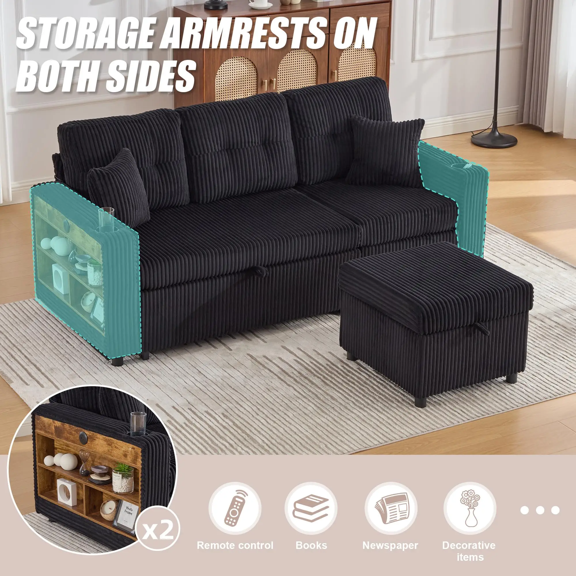 Corduroy Sofa Bed 196 x 82 x 144cm - Black - 5