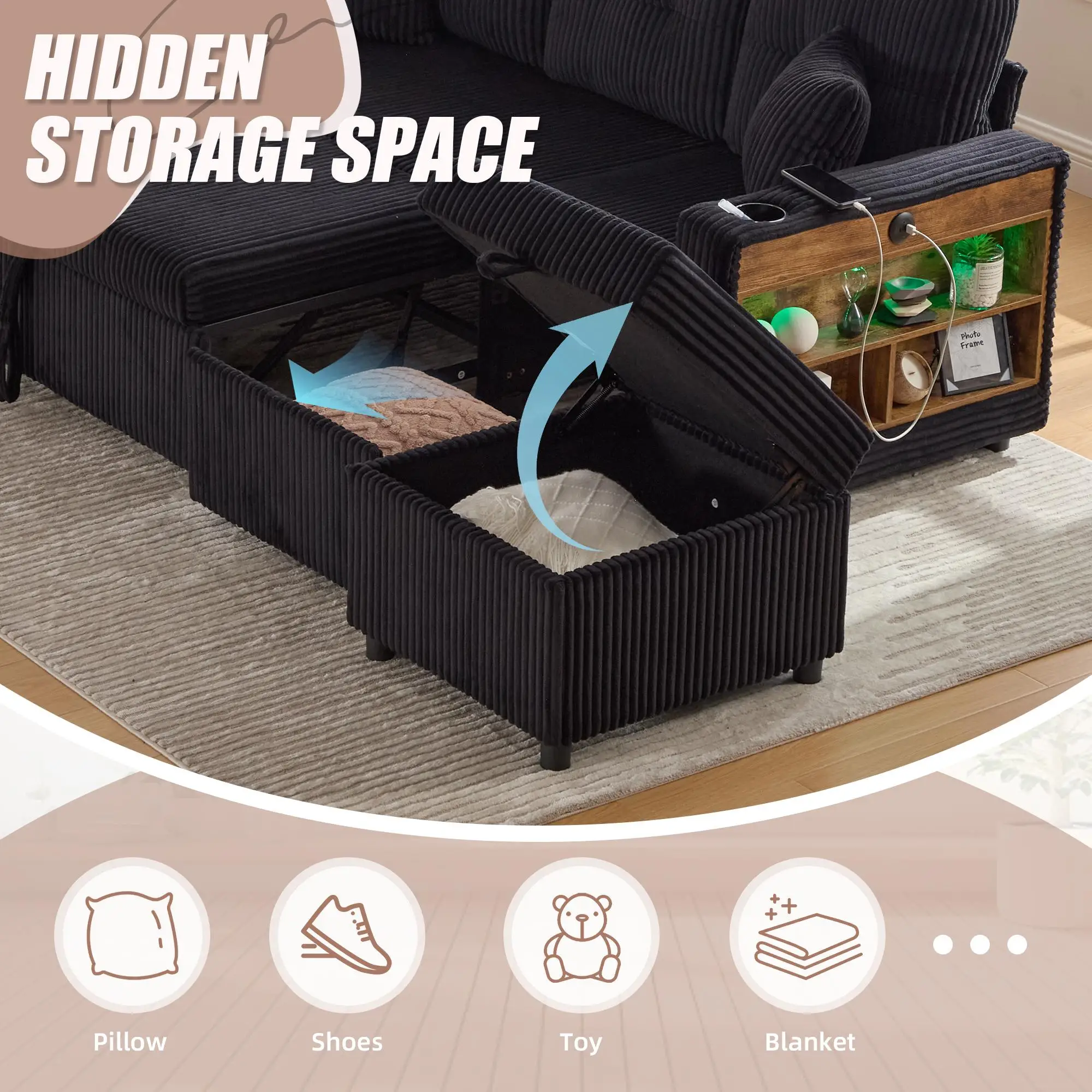 Corduroy Sofa Bed 196 x 82 x 144cm - Black - 7