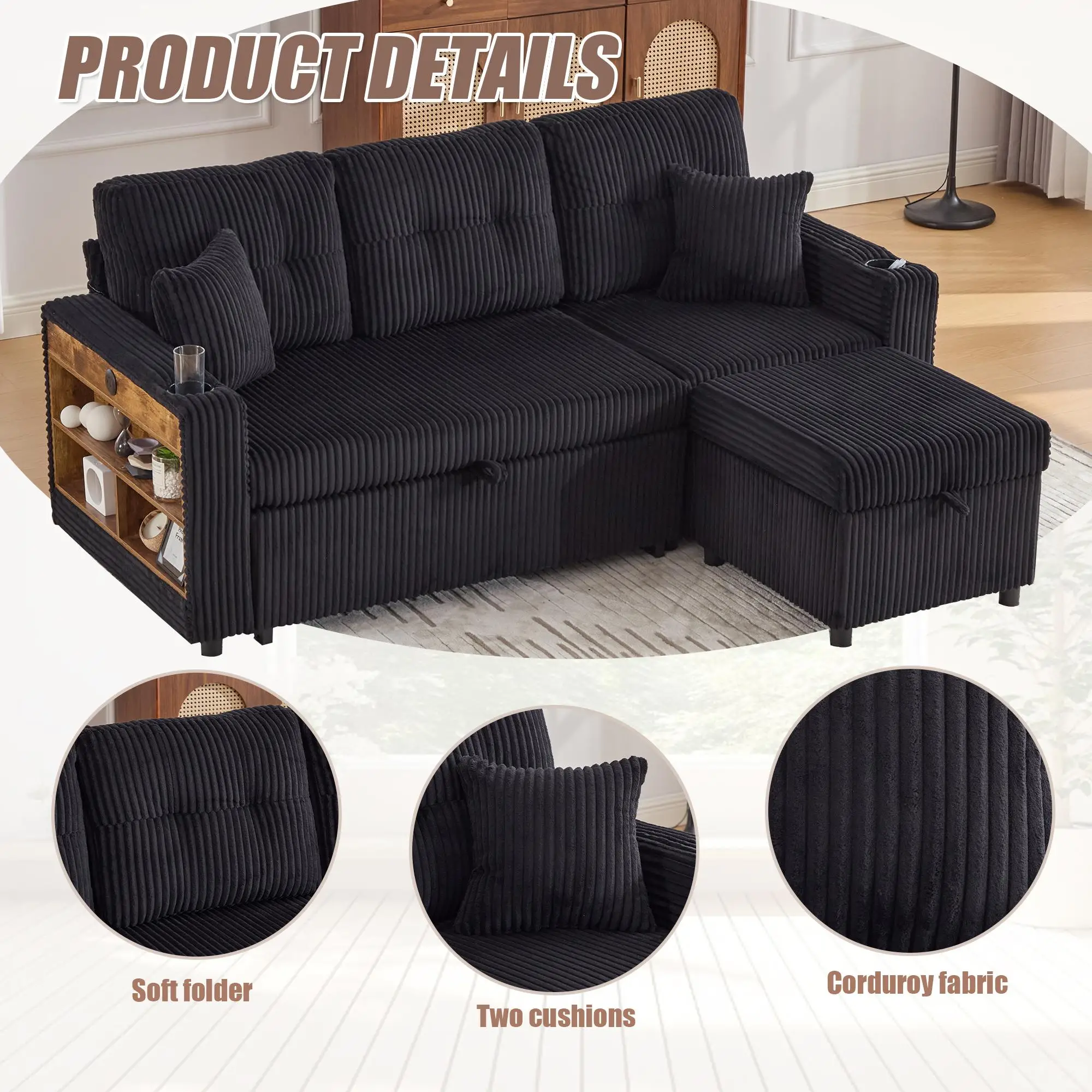 Corduroy Sofa Bed 196 x 82 x 144cm - Black - 8