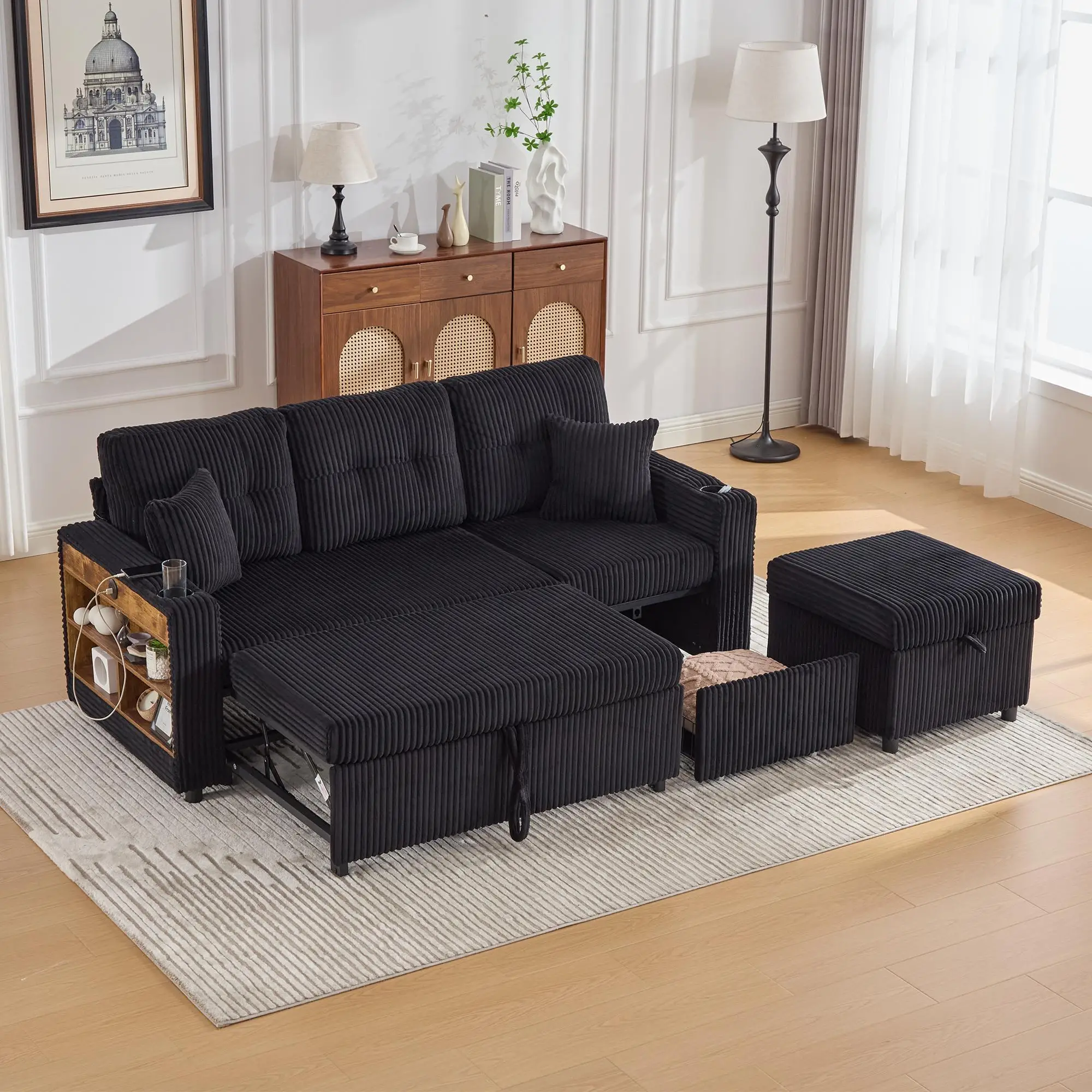 Corduroy Sofa Bed 196 x 82 x 144cm - Black - 9