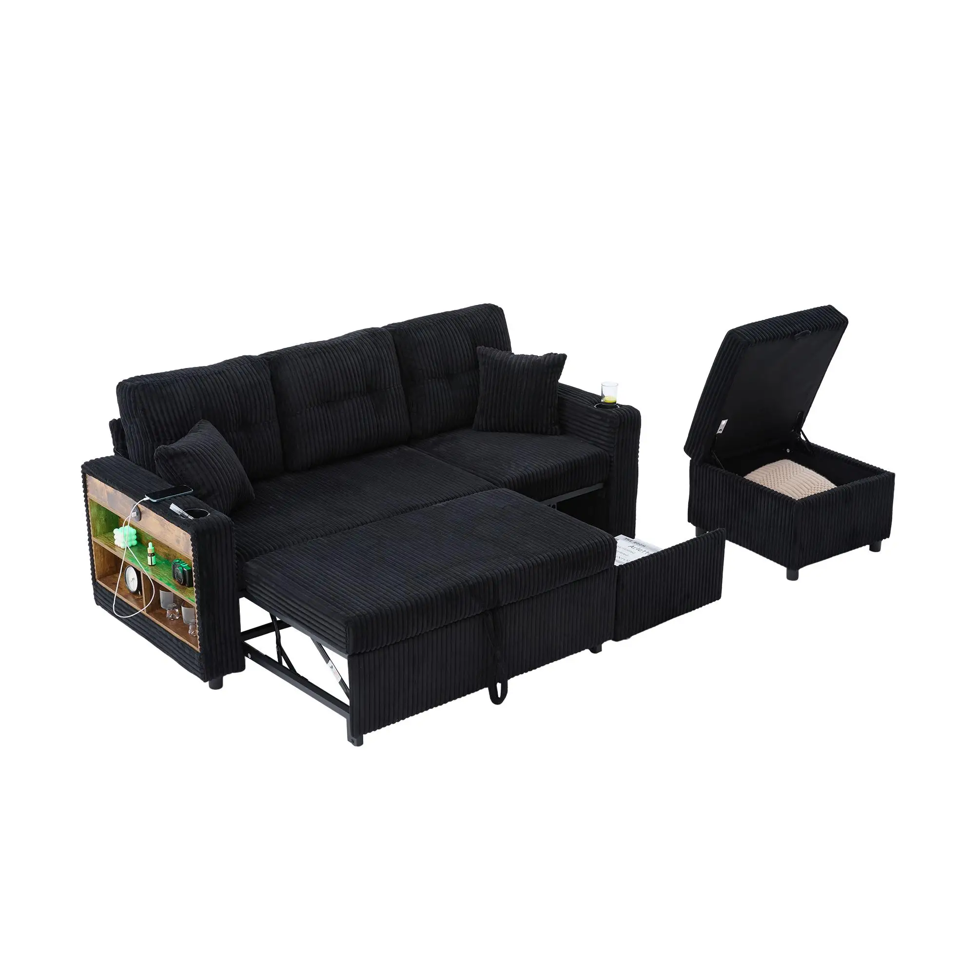 Corduroy Sofa Bed 196 x 82 x 144cm - Black - 14
