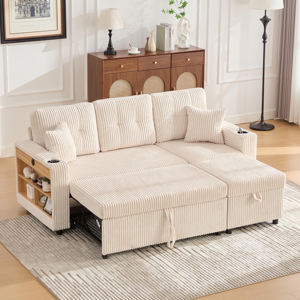 Corduroy Sofa Bed 196 x 82 x 144cm - Beige - 1