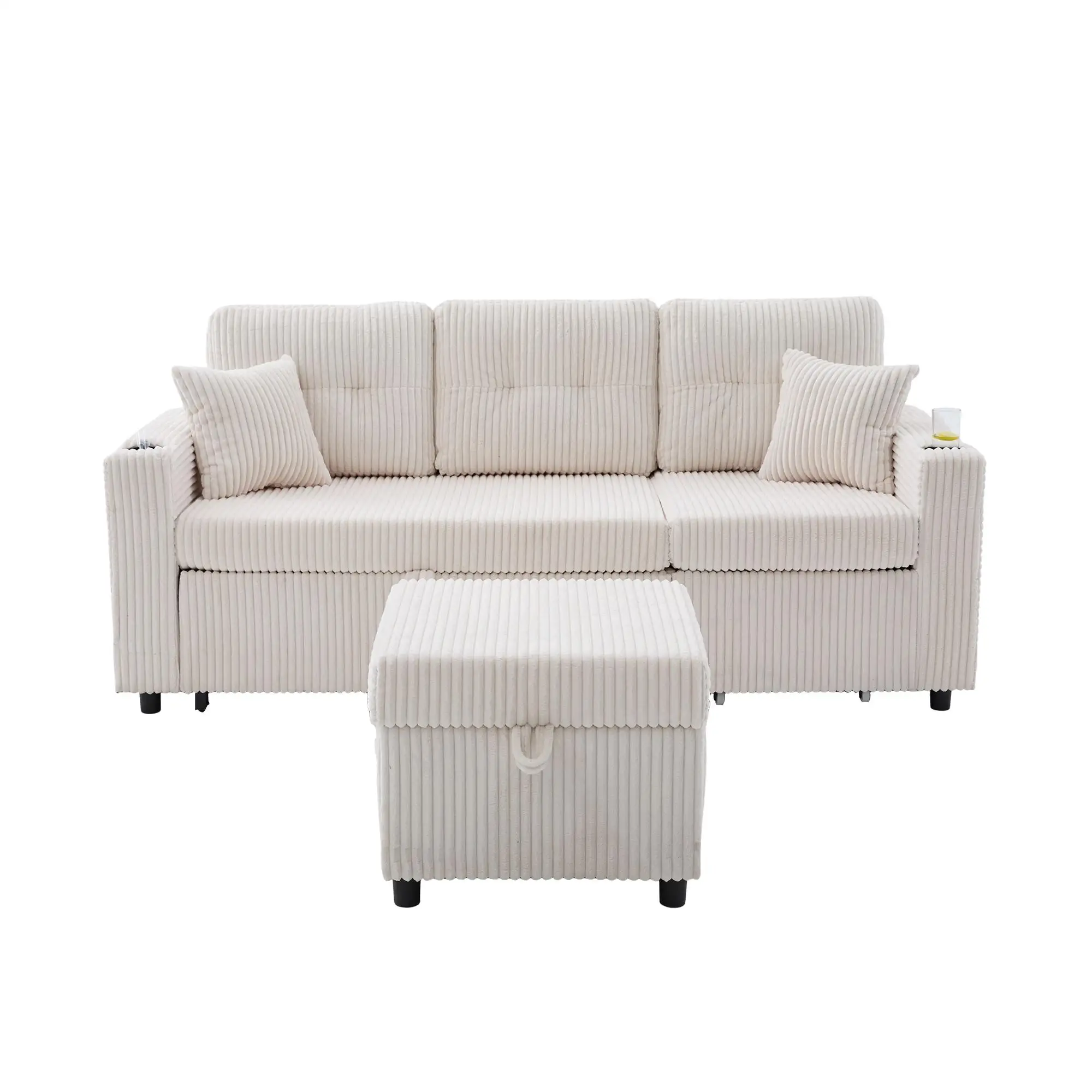 Corduroy Sofa Bed 196 x 82 x 144cm - Beige - 2