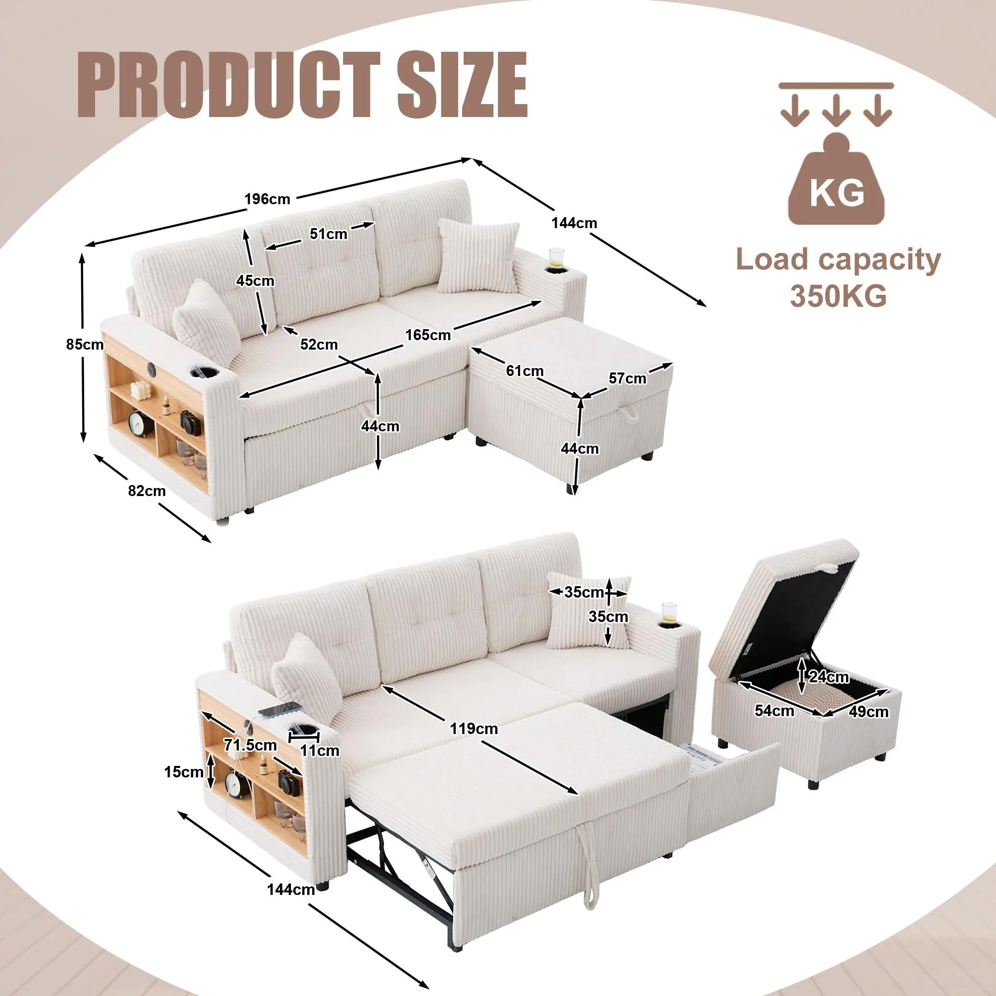 Corduroy Sofa Bed 196 x 82 x 144cm - Beige - 3