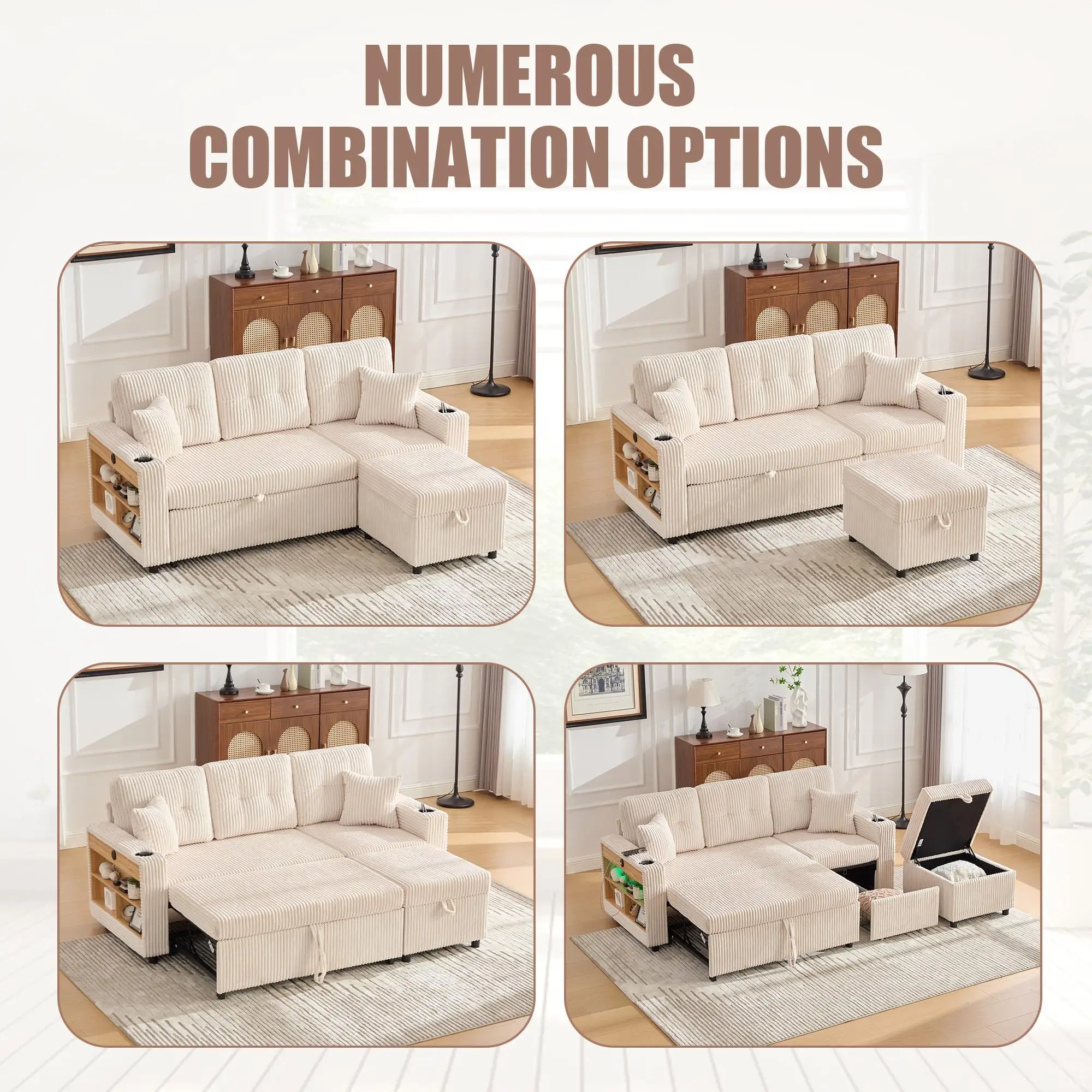 Corduroy Sofa Bed 196 x 82 x 144cm - Beige - 4