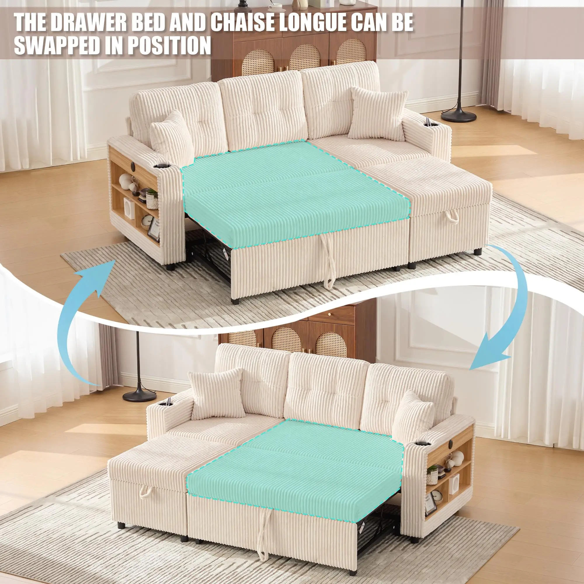 Corduroy Sofa Bed 196 x 82 x 144cm - Beige - 5