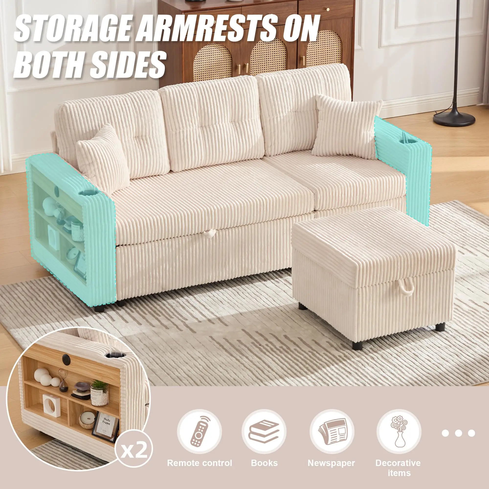 Corduroy Sofa Bed 196 x 82 x 144cm - Beige - 6