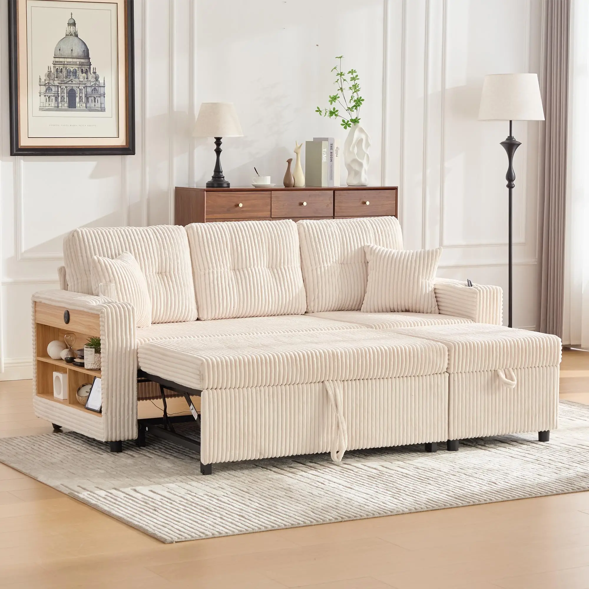 Corduroy Sofa Bed 196 x 82 x 144cm - Beige - 9