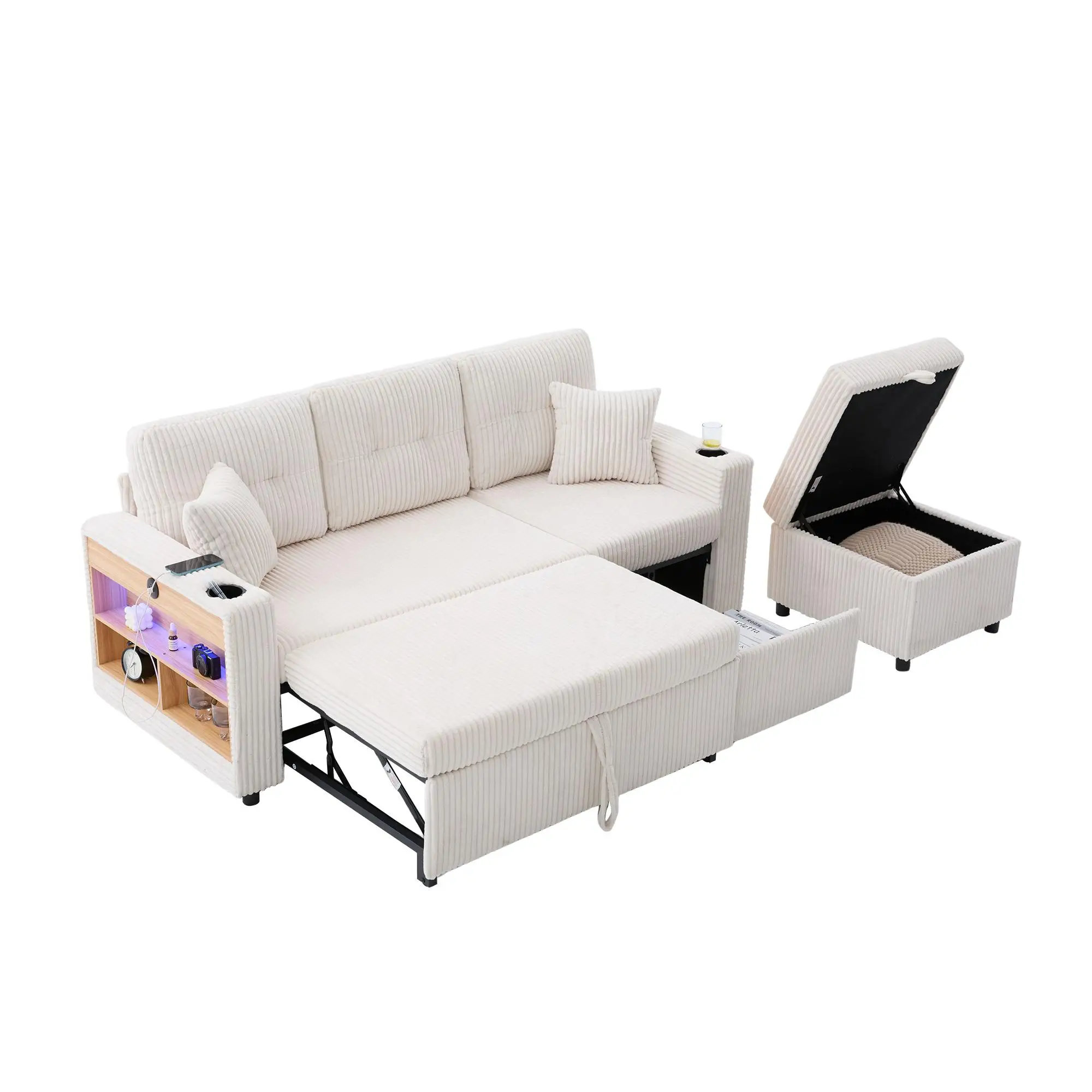Corduroy Sofa Bed 196 x 82 x 144cm - Beige - 14