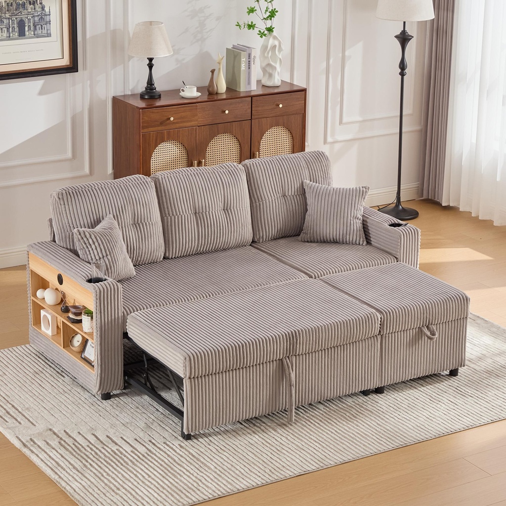 Corduroy Sofa Bed 196 x 82 x 144cm - Light Grey - 1
