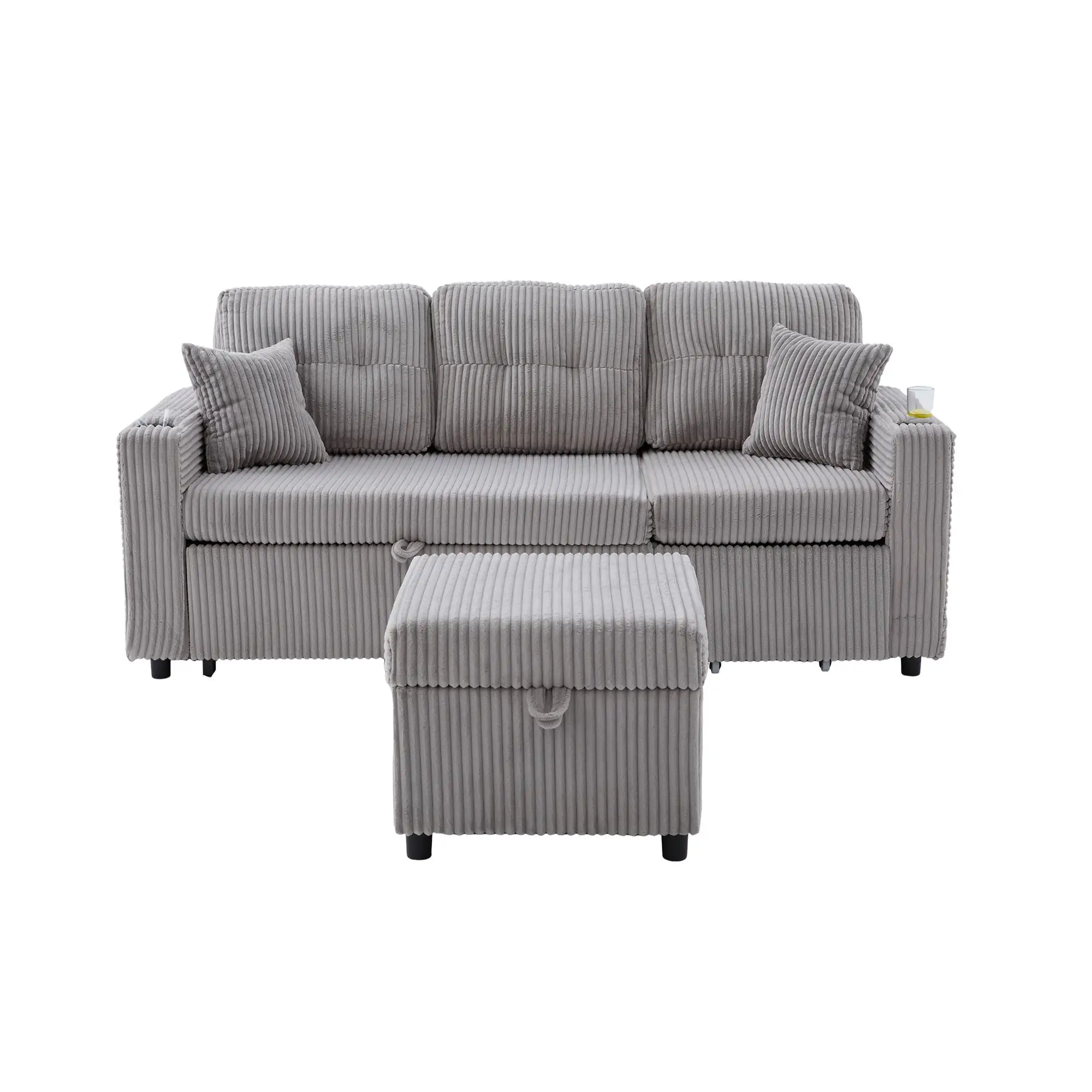 Corduroy Sofa Bed 196 x 82 x 144cm - Light Grey - 2